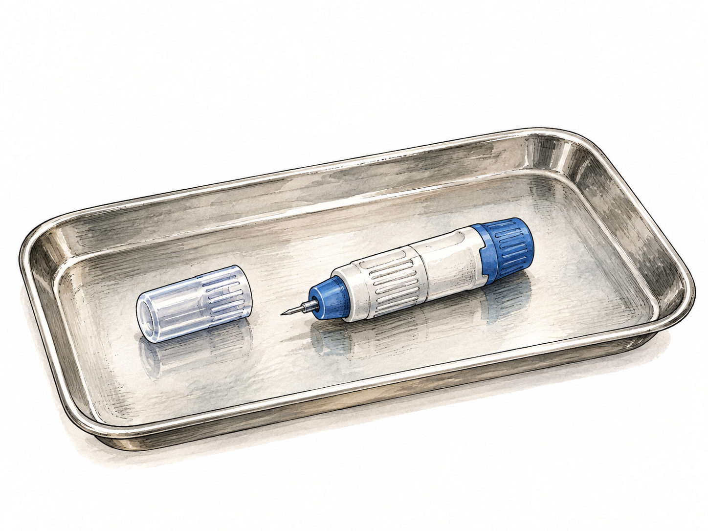 A small sterile medical finger-prick lancet beside its protective cap on a clean tray, no blood.