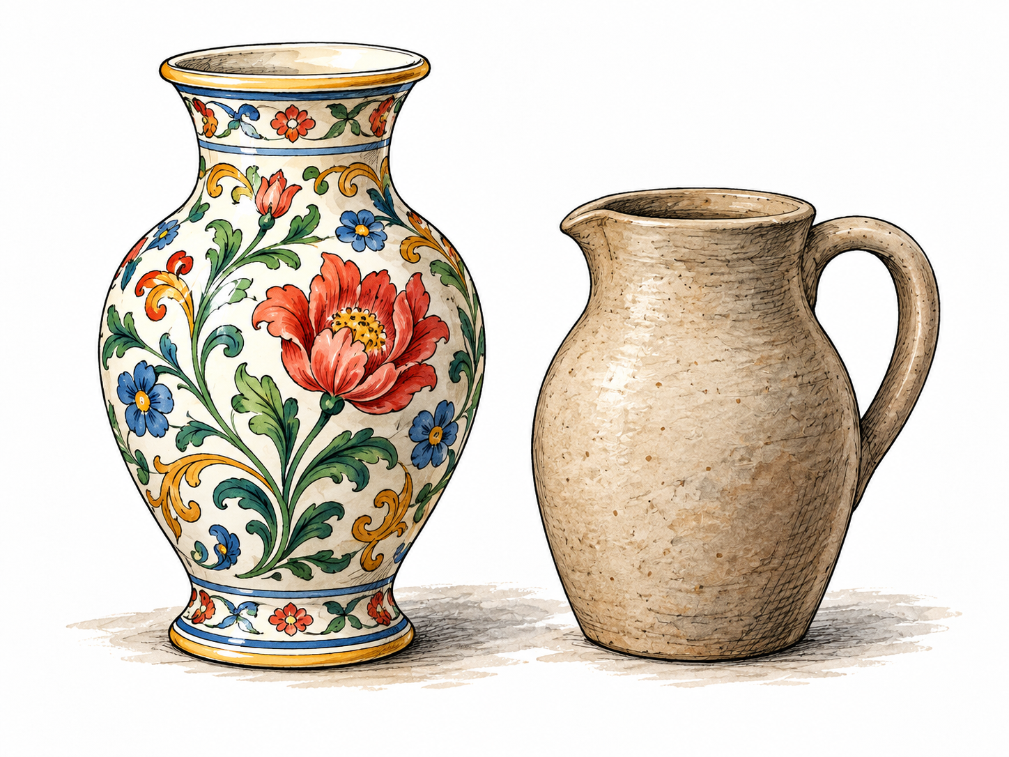 An ornate patterned ceramic vase with colorful floral motifs beside a plain utilitarian jug, the floral embellishment clearly makes vase decorative.