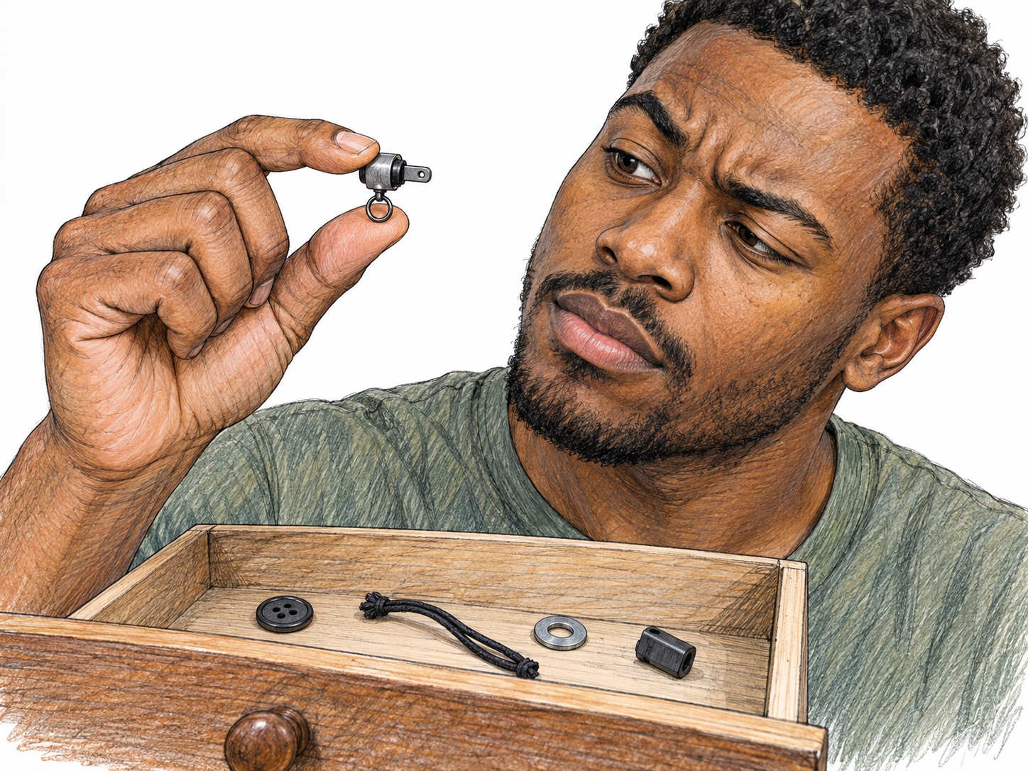 A man examines a tiny, hard-to-identify mechanical trinket picked from a shallow drawer of miscellaneous small objects.