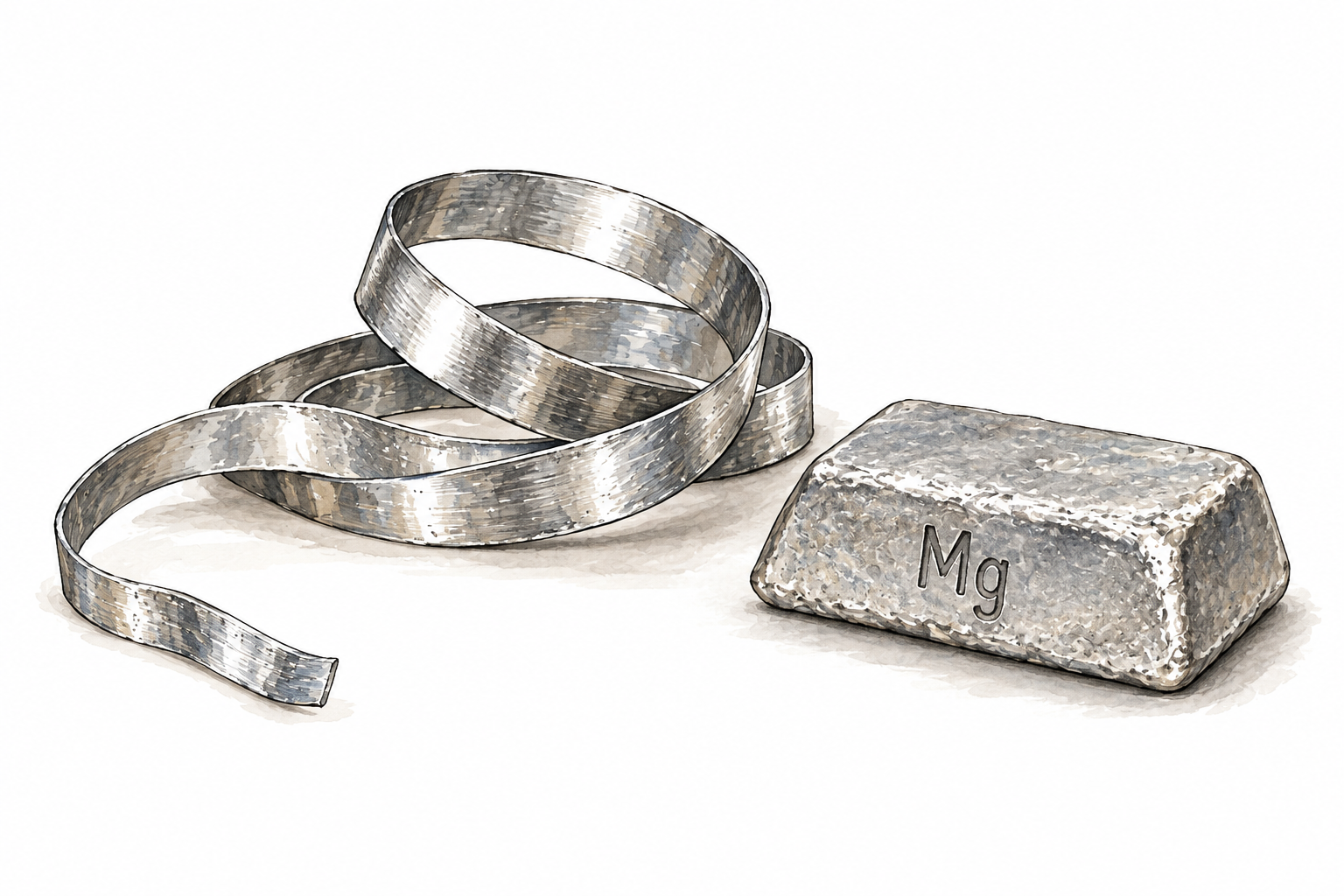 Silvery magnesium metal ribbon and a small ingot on a lab bench with tiny label 'Mg'.
