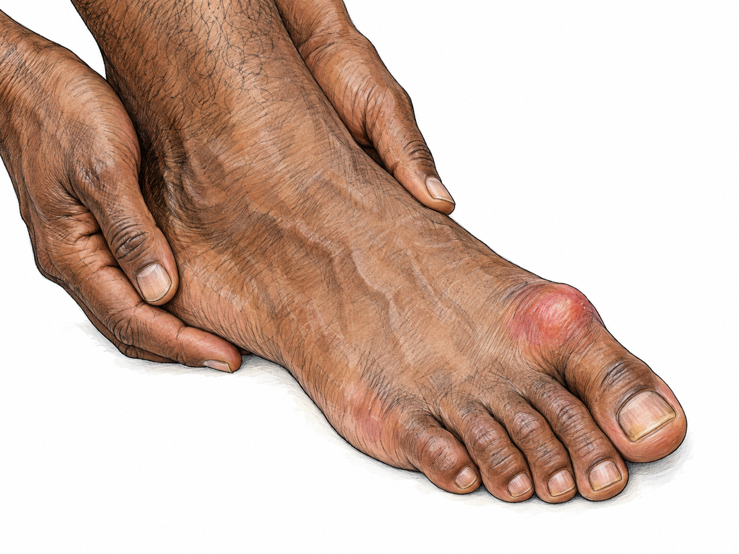 Close-up of a man's bare foot showing a prominent, inflamed bunion on the inner side of the big-toe joint.