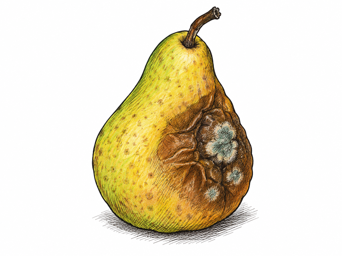A spoiled pear has brown collapsed patches and restrained mold, clearly decayed rather than merely bruised; no human moral stereotype.