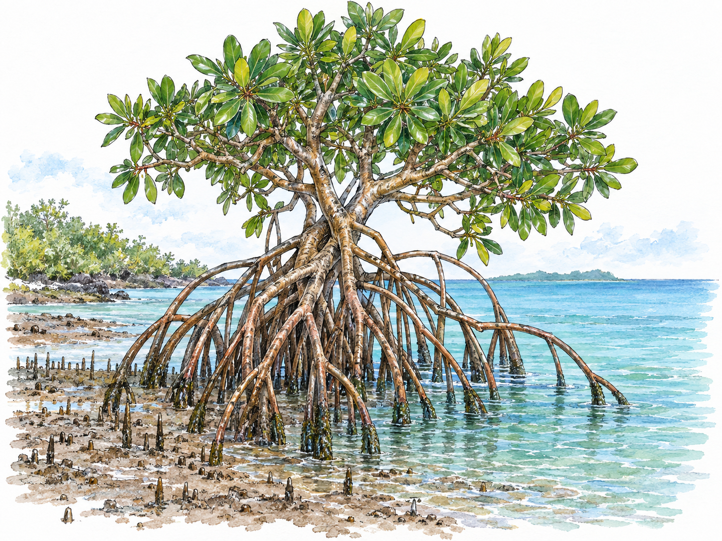 A coastal mangrove tree with glossy green foliage and conspicuous arching prop roots emerging from shallow tidal water and wet mud, with a small opening toward the sea.