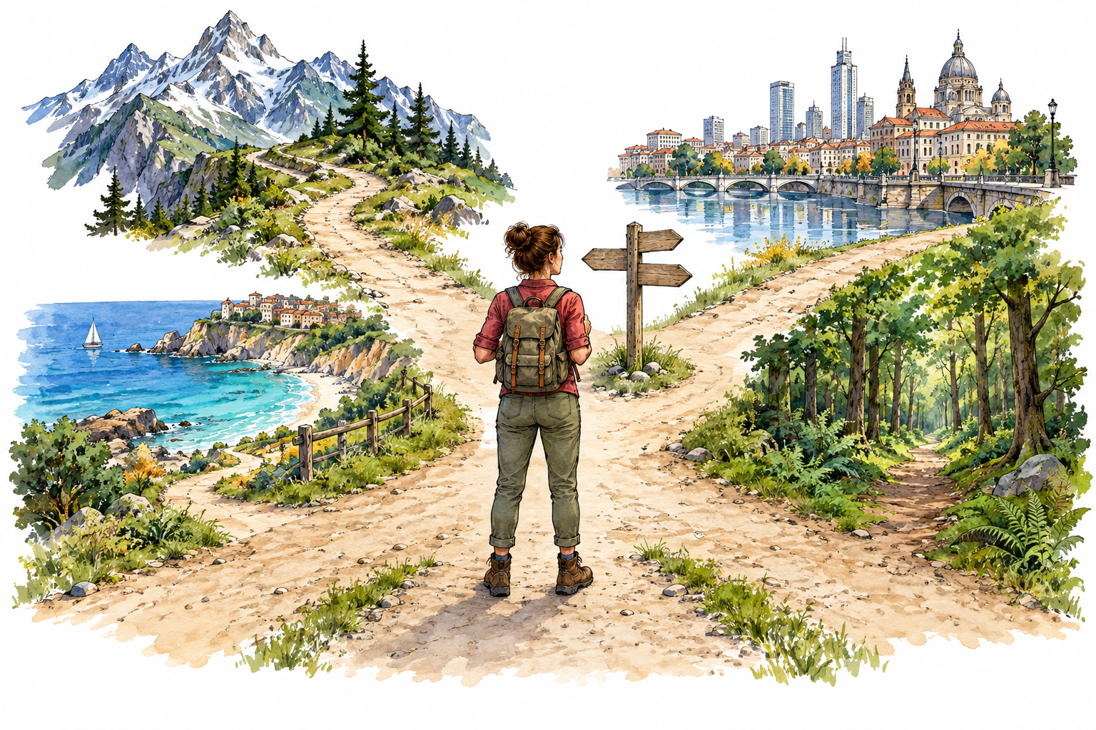 Traveler with small backpack stands at crossroads with paths branching toward mountains coast city and forest, all options open, any location.