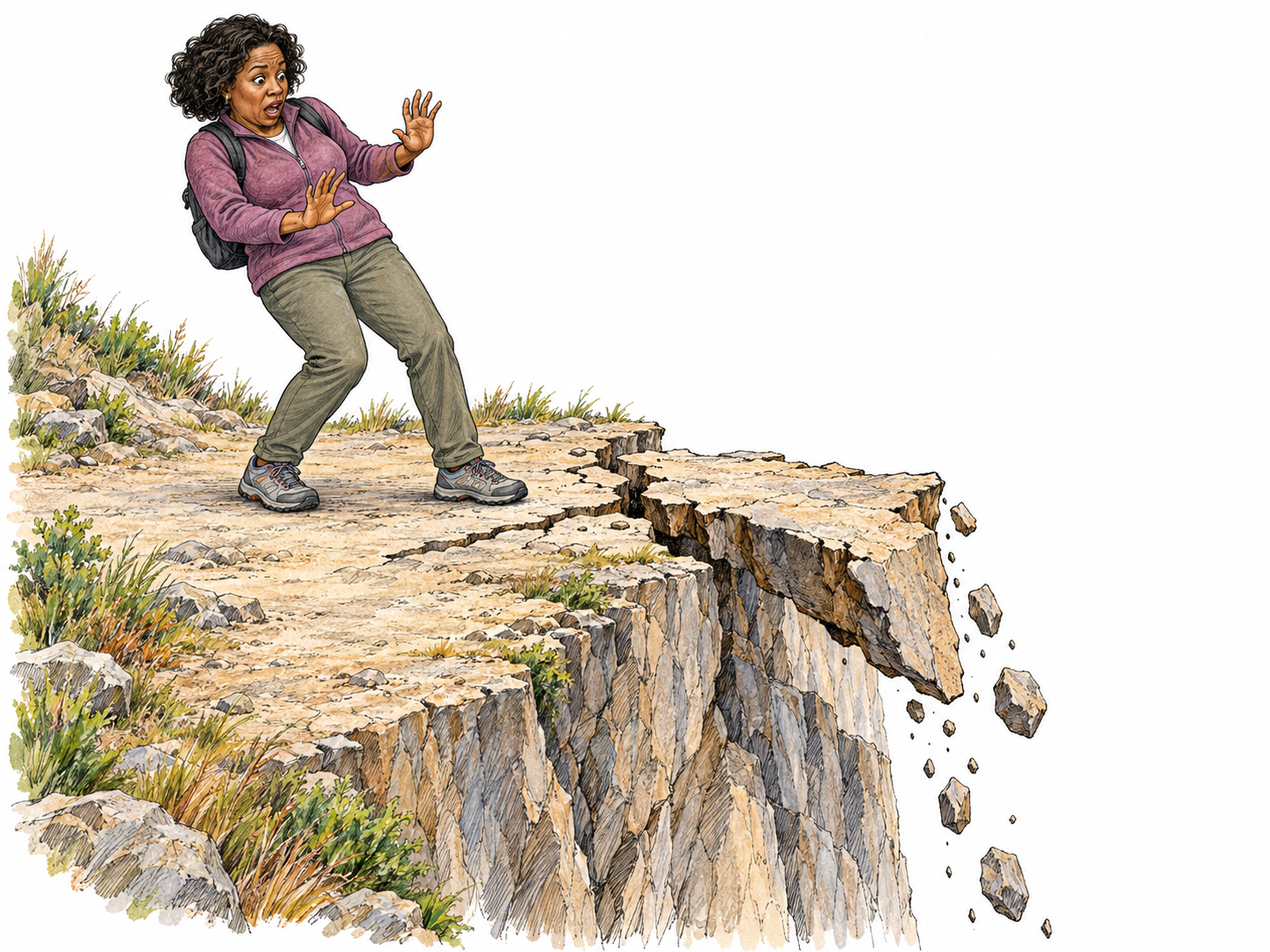 A woman stops just before a crumbling cliff-path edge: the ground directly ahead has broken away, leaving a deep drop and loose stones falling below.
