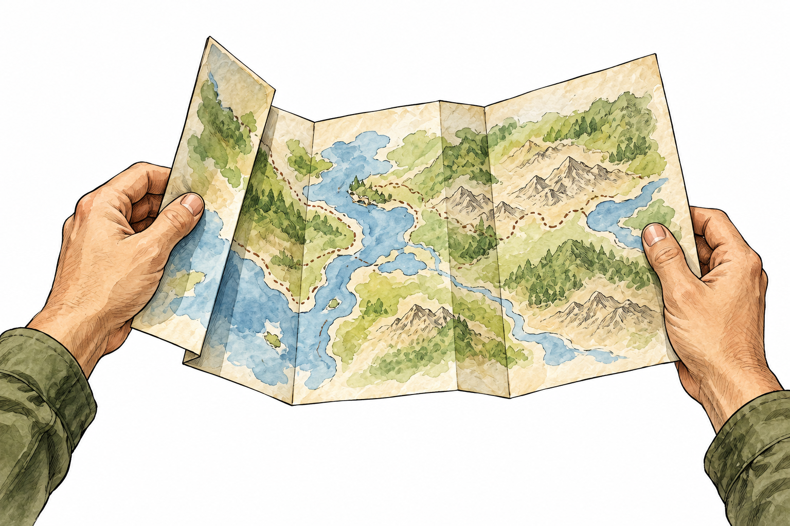Two hands open a folded paper map into a larger flat sheet, abstract land shapes but no words, clear unfolding.