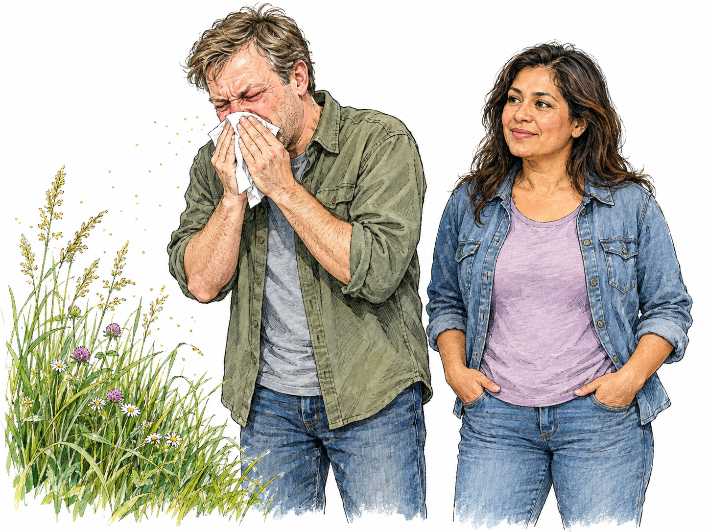 Two adults encounter the same flowering grass: one has watery eyes and sneezes into a tissue while the other remains visibly comfortable, showing unequal susceptibility to airborne pollen.