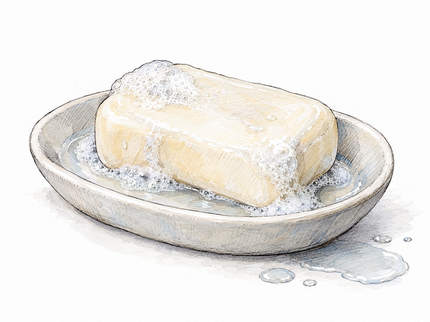 A plain bar of soap resting on a shallow ceramic dish beside a small puddle of water, with wet suds clinging to the bar and collecting around its base.