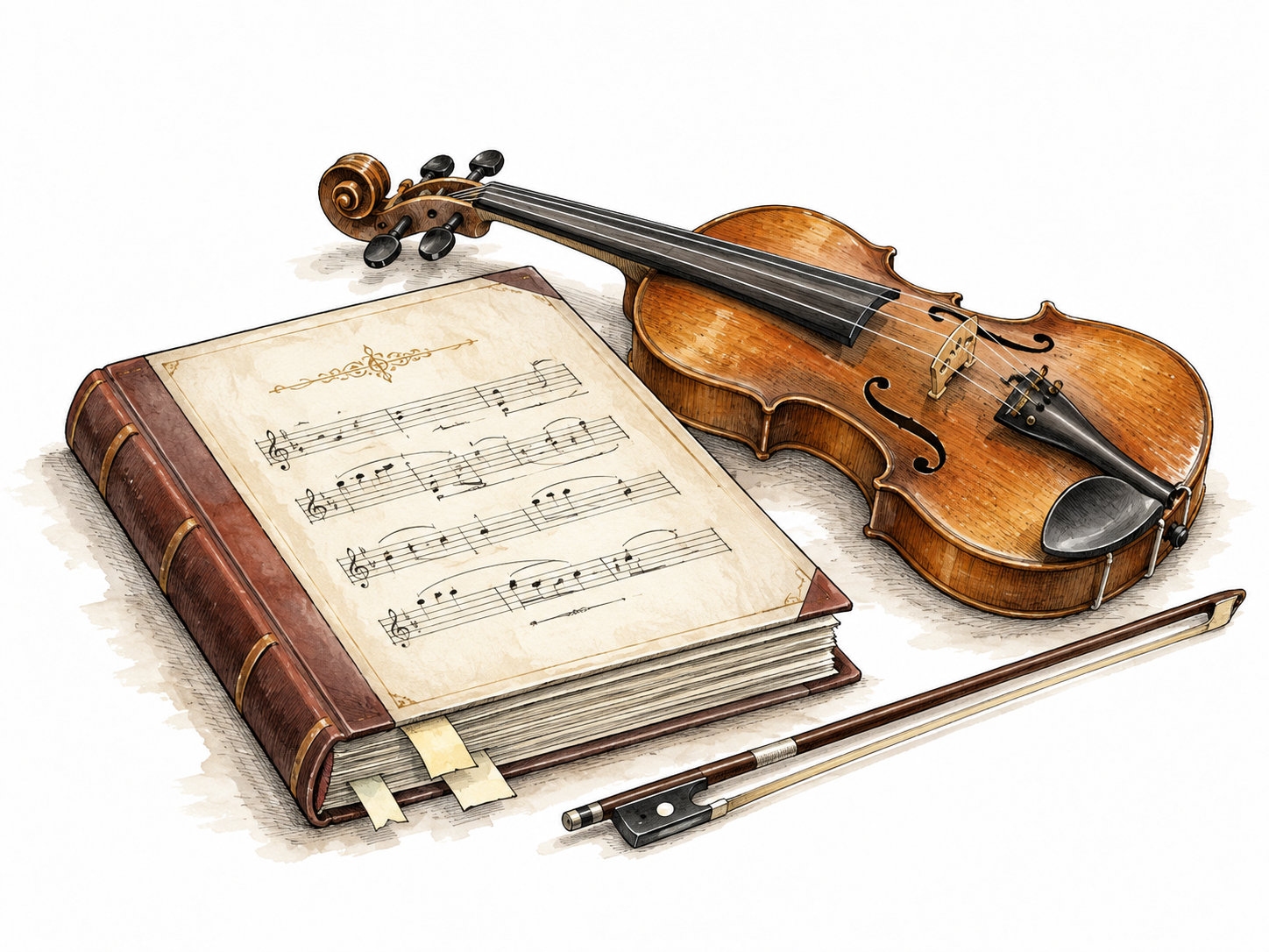 A composer's completed bound musical score lies beside a violin, page marks abstract rather than readable.