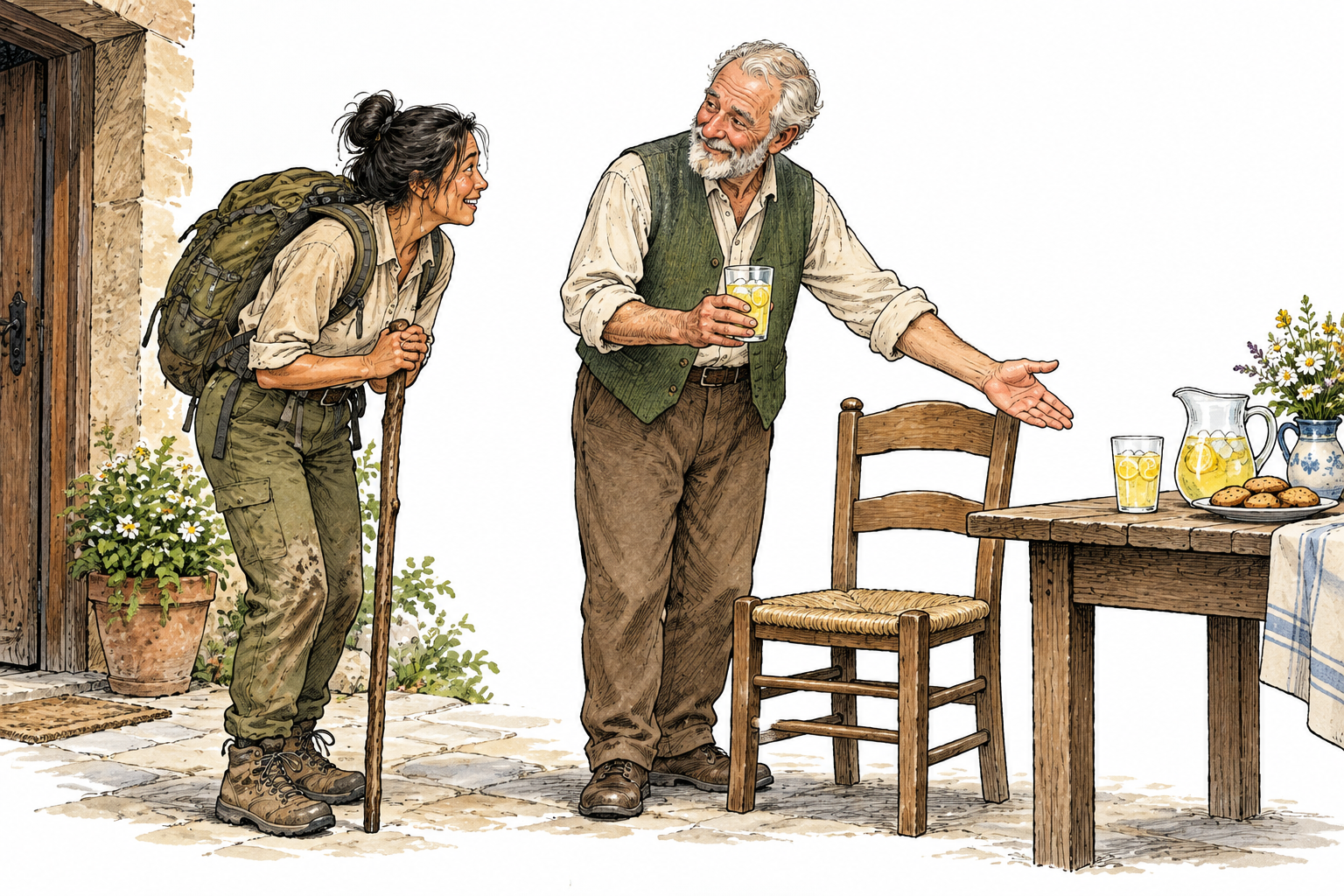 An older white host courteously offers a seat and refreshments to a tired visitor.