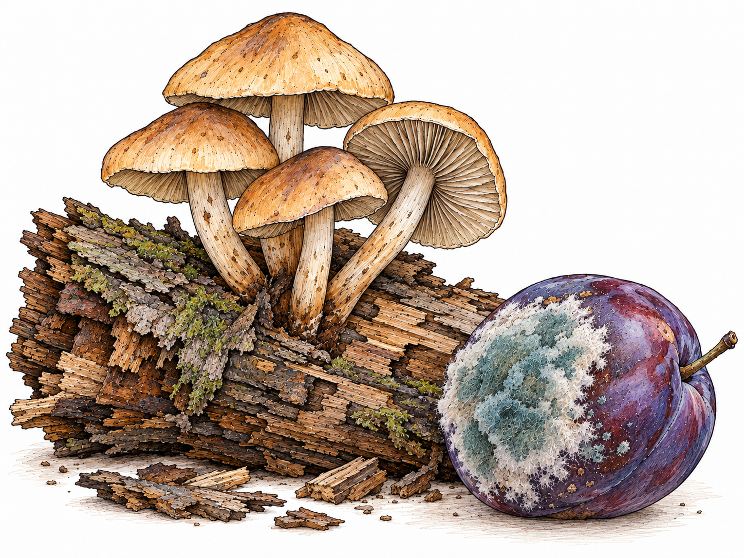 A close view of mushrooms growing from a small decaying log beside a fallen fruit bearing unmistakable fuzzy mold, showing two recognizable kinds of fungal growth.