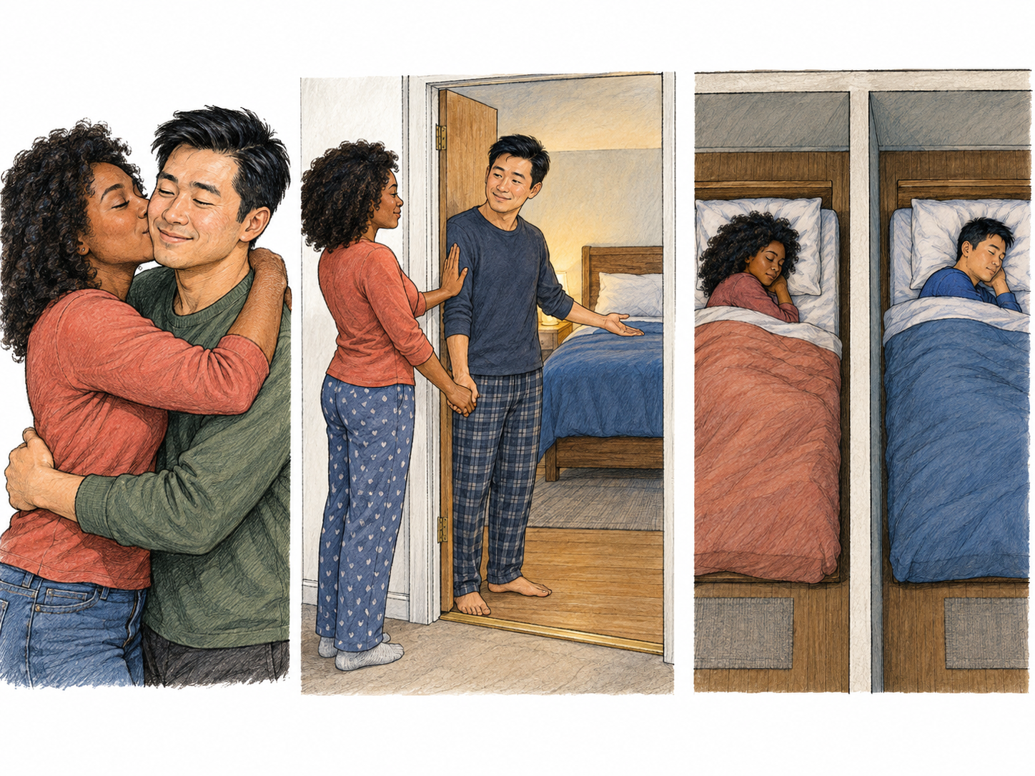 A compact sequence shows affectionate adult romantic partners choosing not to share a bed, illustrating the abstaining-from-sexual-activity branch of 'chaste': 'abstaining from sexual activity or considered sexually pure.'.