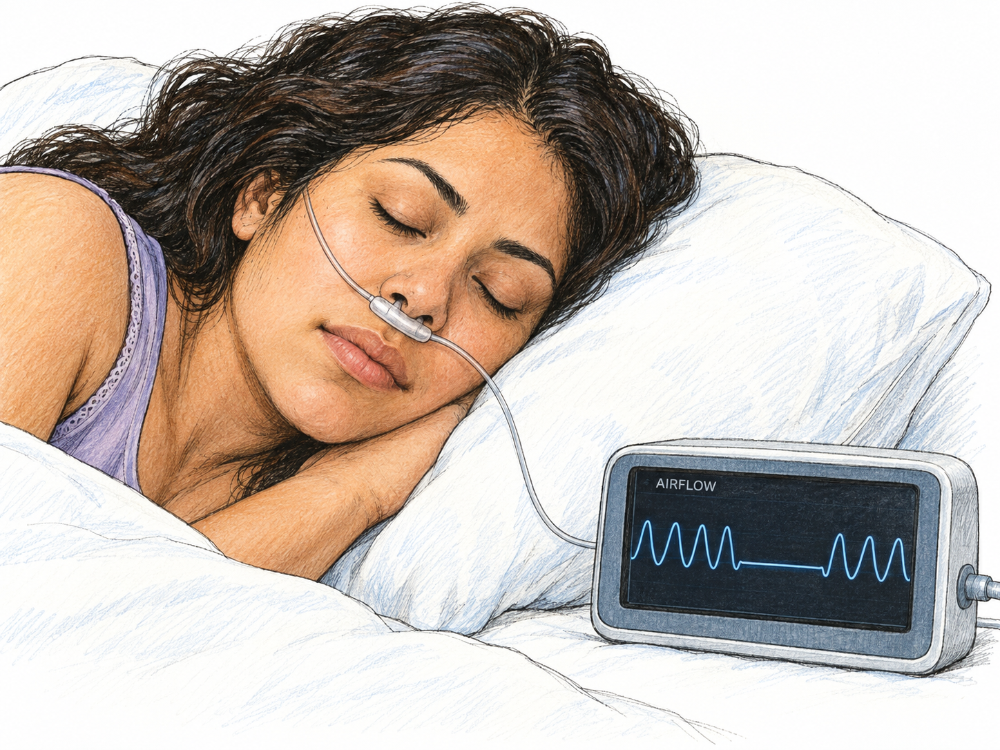 A sleeping woman undergoing sleep monitoring, with a nasal airflow sensor connected to a bedside display showing repeated breaths, a conspicuous flat interval, and resumed breaths.