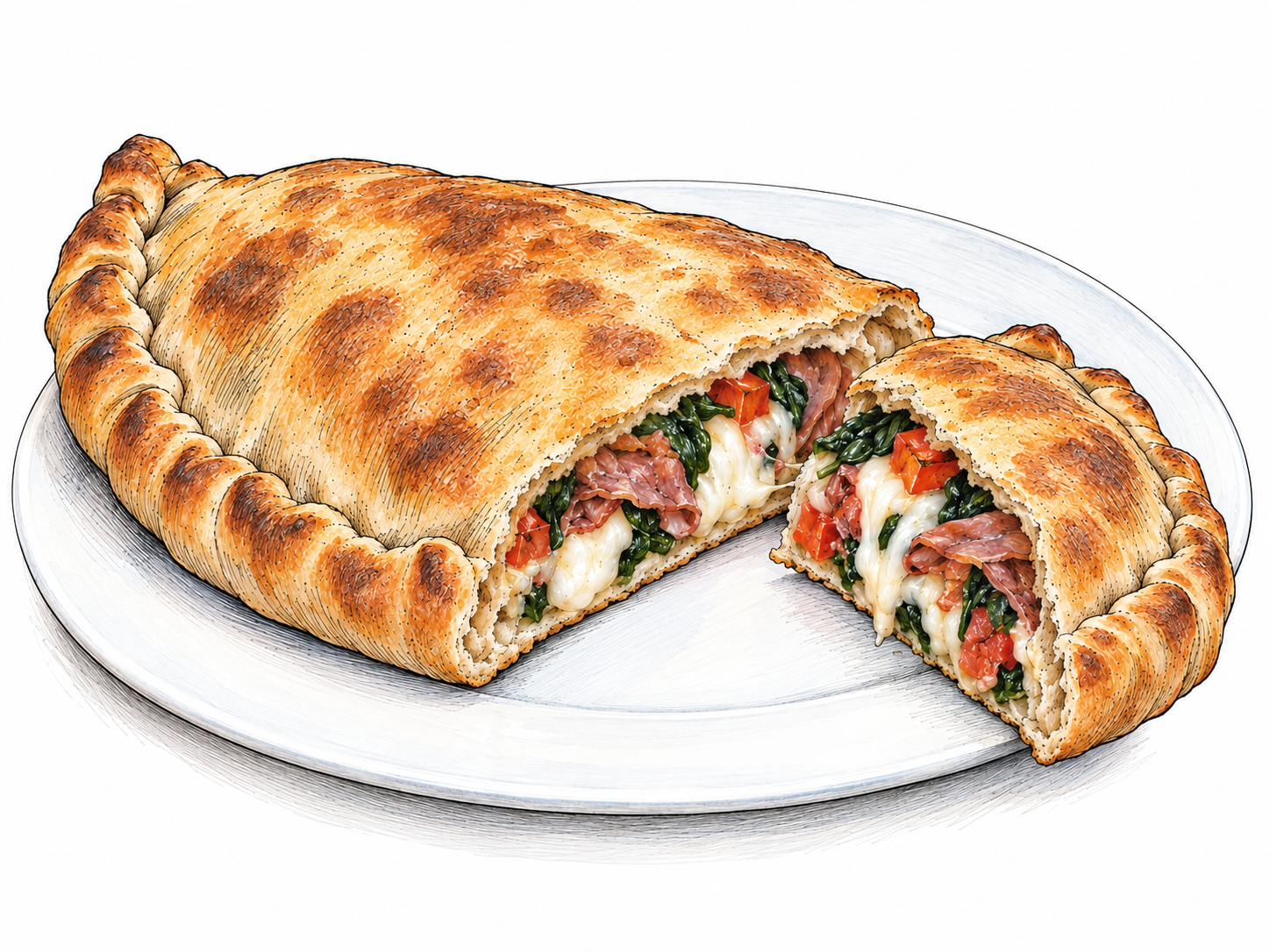 A golden-brown half-moon calzone on a plain plate, with one end cut away to reveal melted cheese, cured meat, and vegetables inside its folded dough shell.