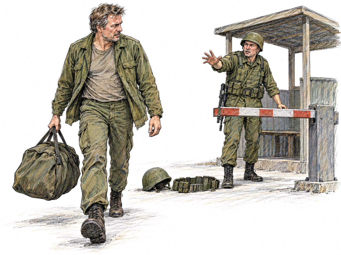 A uniformed sentry abandons a guarded checkpoint, walking away with a packed civilian bag after dropping his helmet and duty belt.