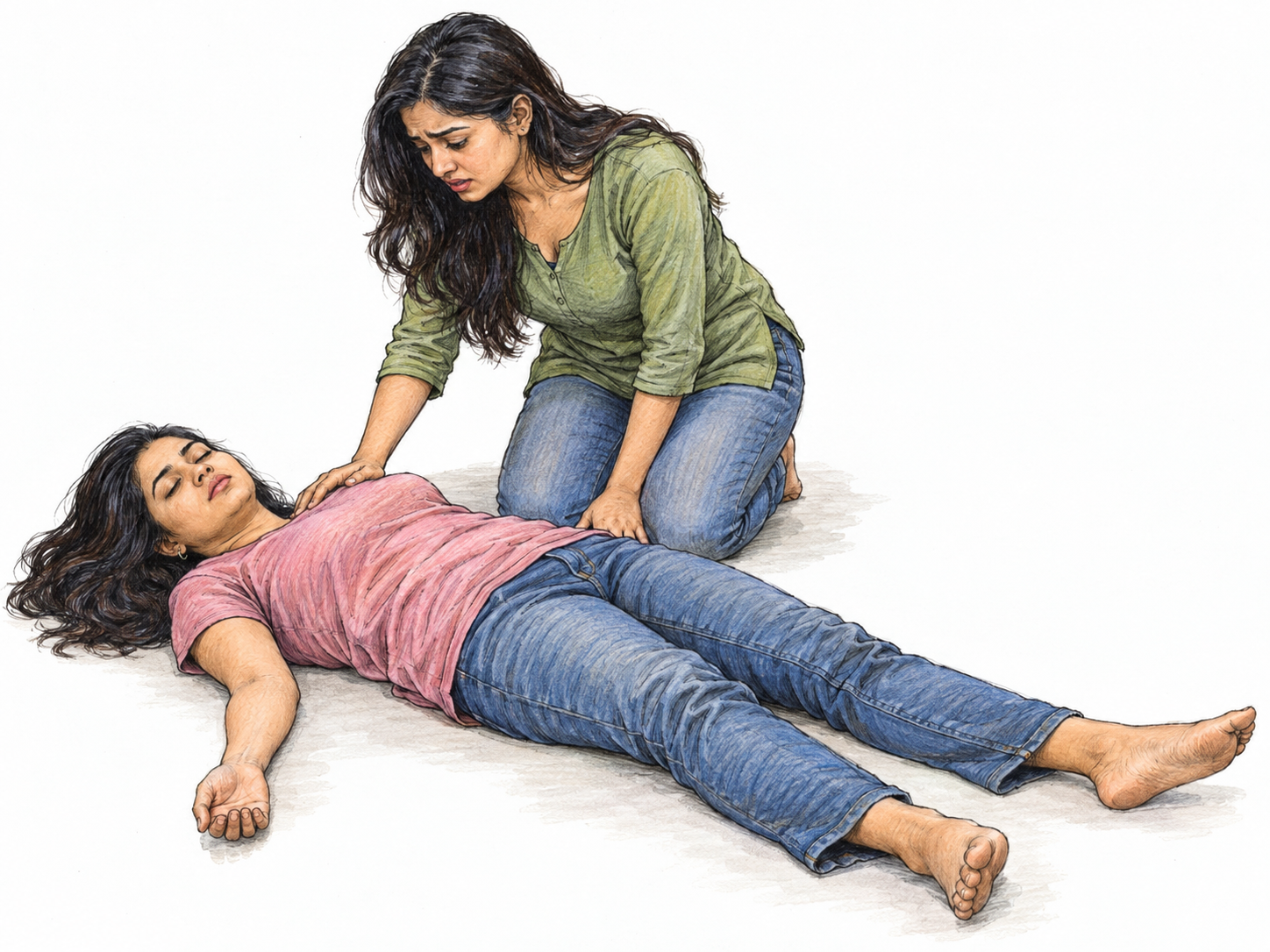 An unconscious young woman lies limp on the floor while another woman kneels beside her, checking for a response with a hand on her shoulder.