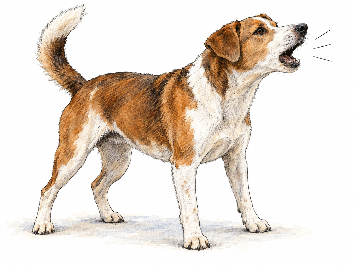 A dog caught giving a sharp bark, with an abruptly opened muzzle, raised head and braced forelegs; tiny uncontained sound strokes emphasize the vocal burst without words.