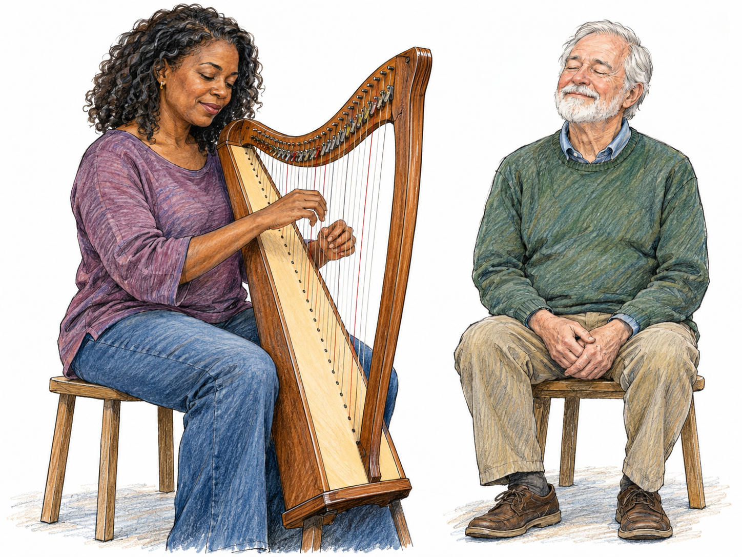 A harpist delicately plucks a small harp while a nearby listener closes his eyes with a quiet, contented smile, making a softly pleasing musical sound the clear focus.