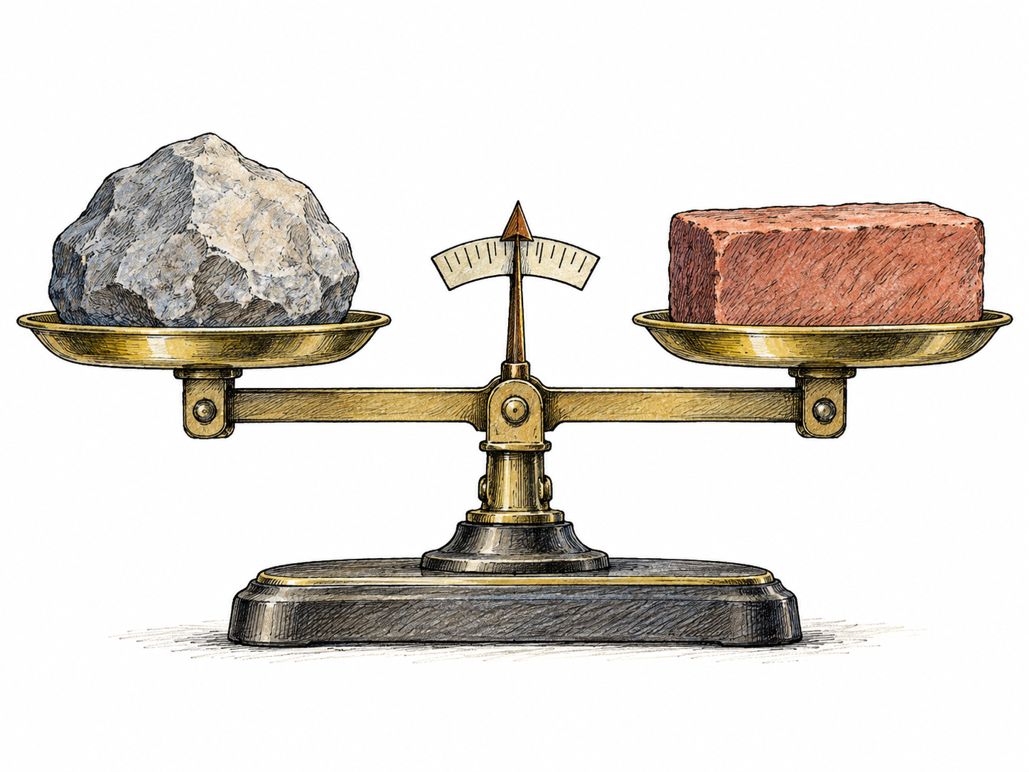 A level balance beam holds two equal-looking opposing loads with its pointer centered; stable equipoise, no human necessary.