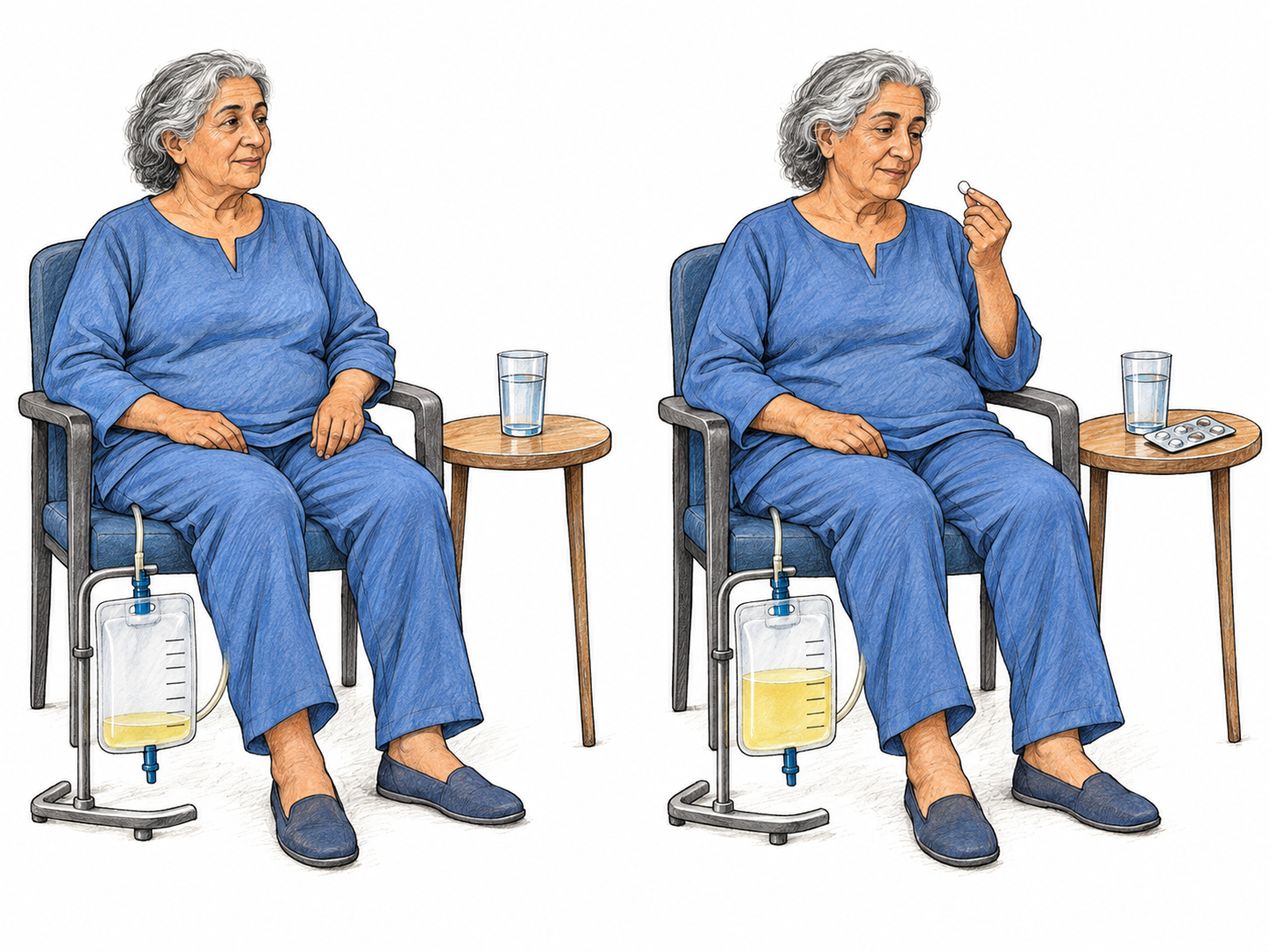 A compact clinical before-and-after comparison links an oral medicine to markedly increased urine output, keeping the substance and its effect visually prominent.