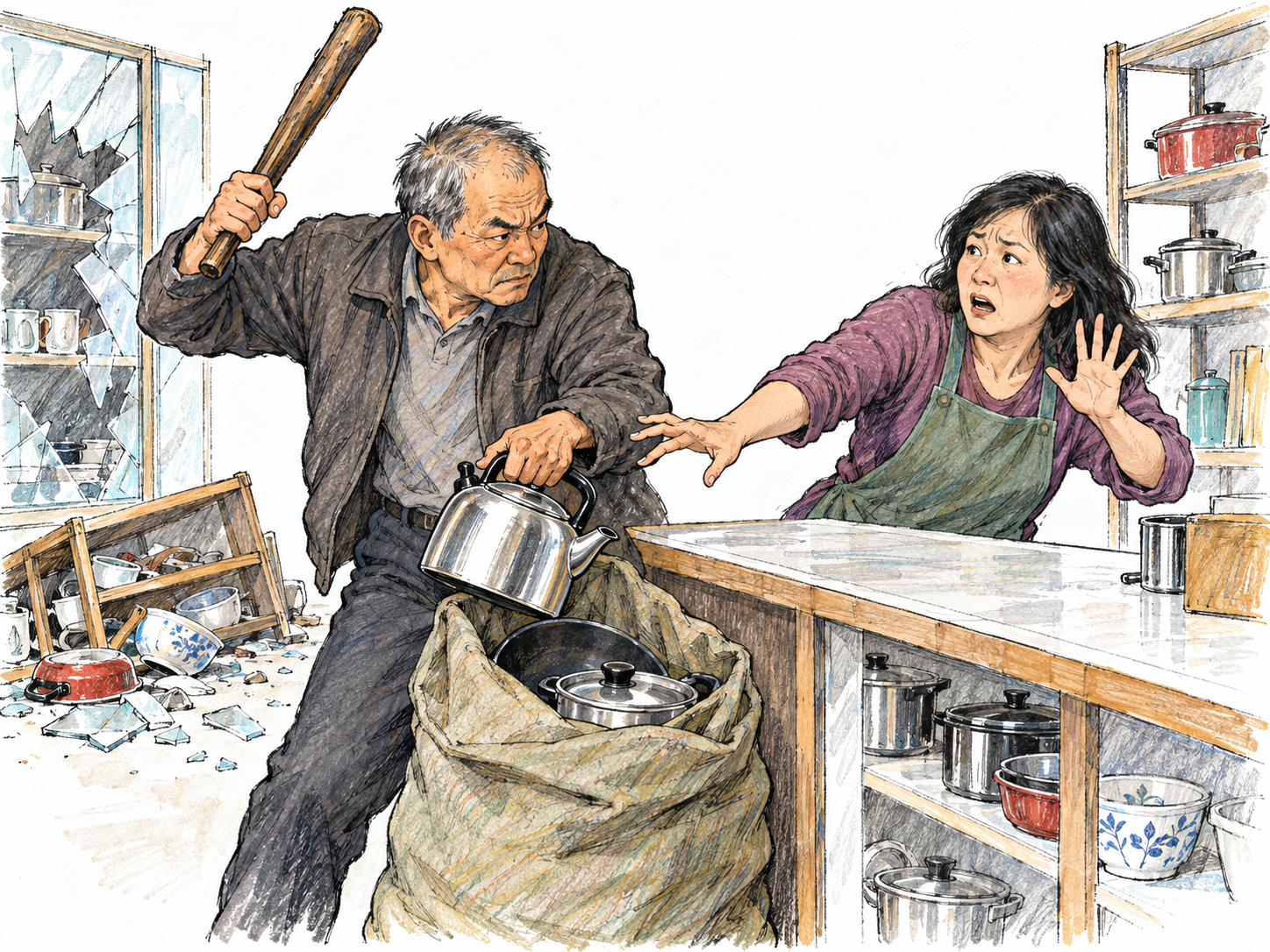 During visible disorder at a small household-goods shop, an armed looter stuffs goods into a sack while threatening the shopkeeper who reaches helplessly toward the stolen items.