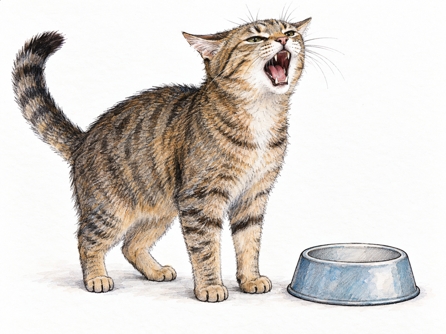 A lone domestic cat stretches its neck and opens its mouth wide in a prolonged, plaintive yowl beside an empty food bowl, conveying loud complaint.