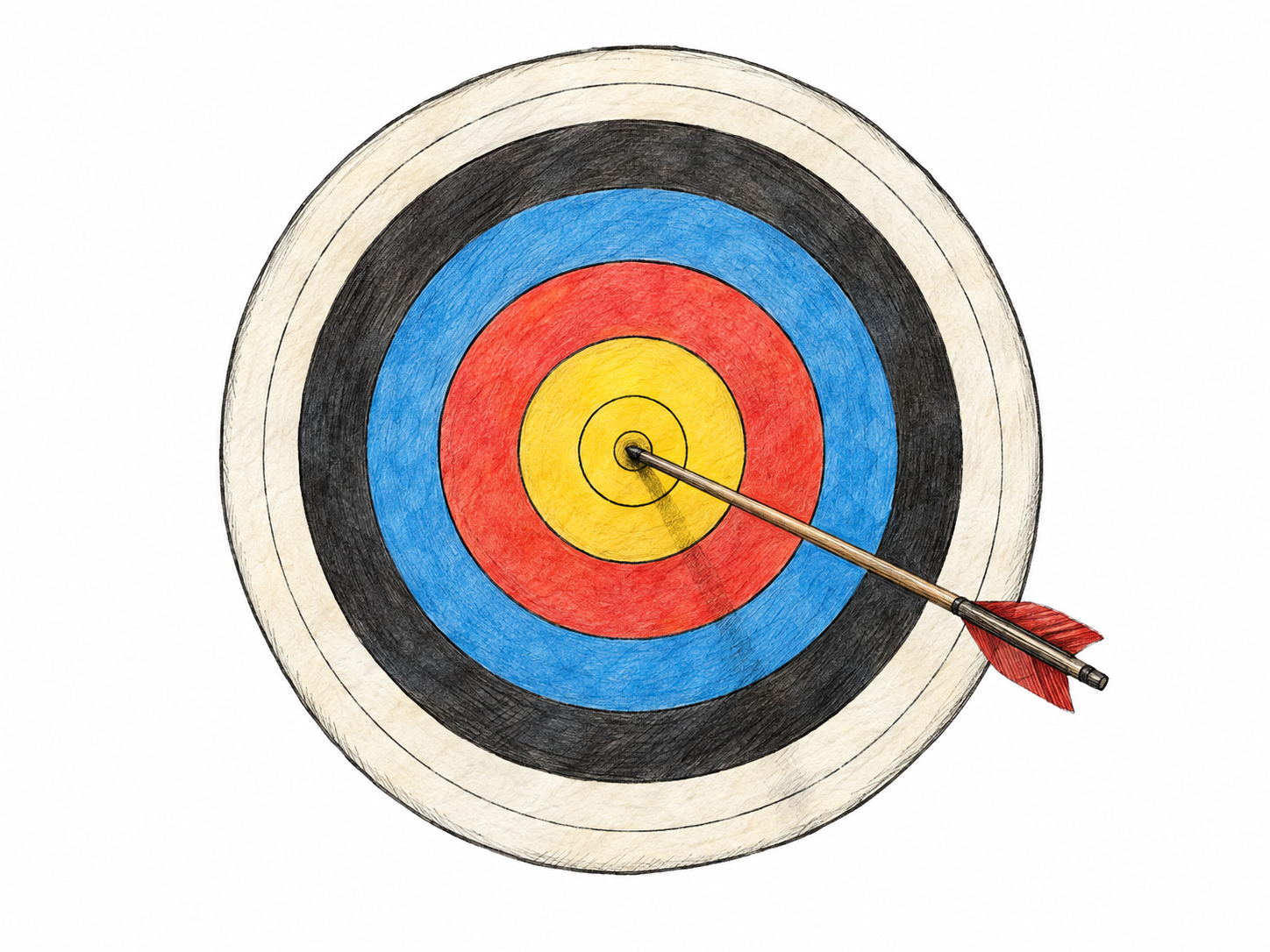 A circular archery target viewed straight on, with one arrow embedded precisely in its central bullseye.