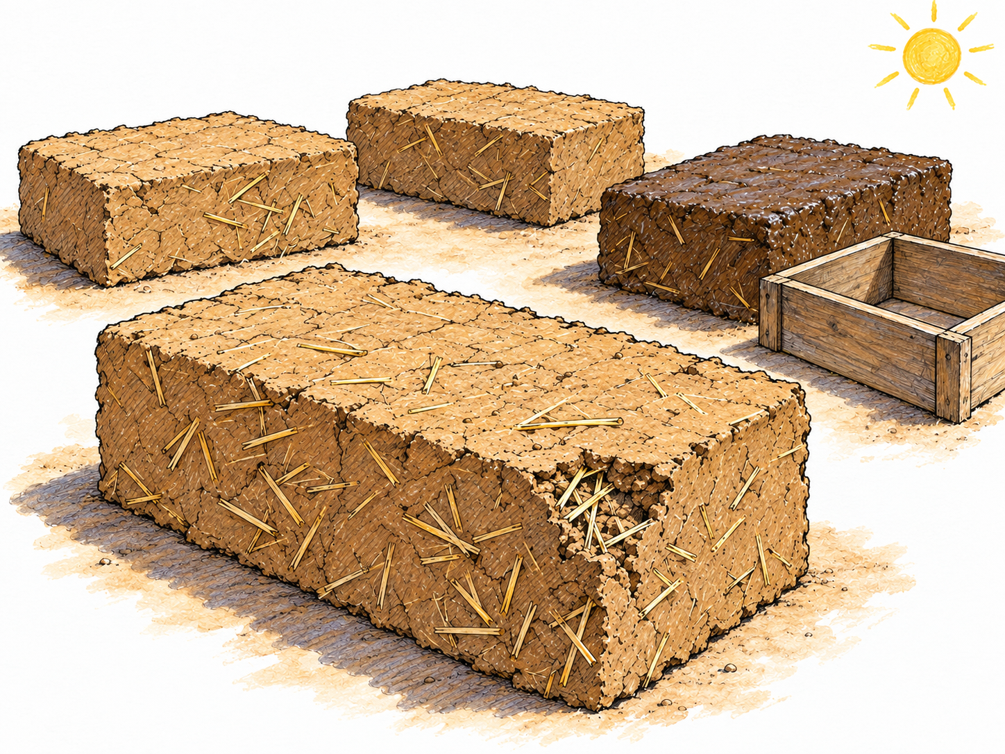 A close view of straw-flecked earthen bricks drying outdoors in direct sunlight, with one dry brick prominently displaying its clay-and-straw composition and a wooden brick mold beside a damp newly shaped brick.