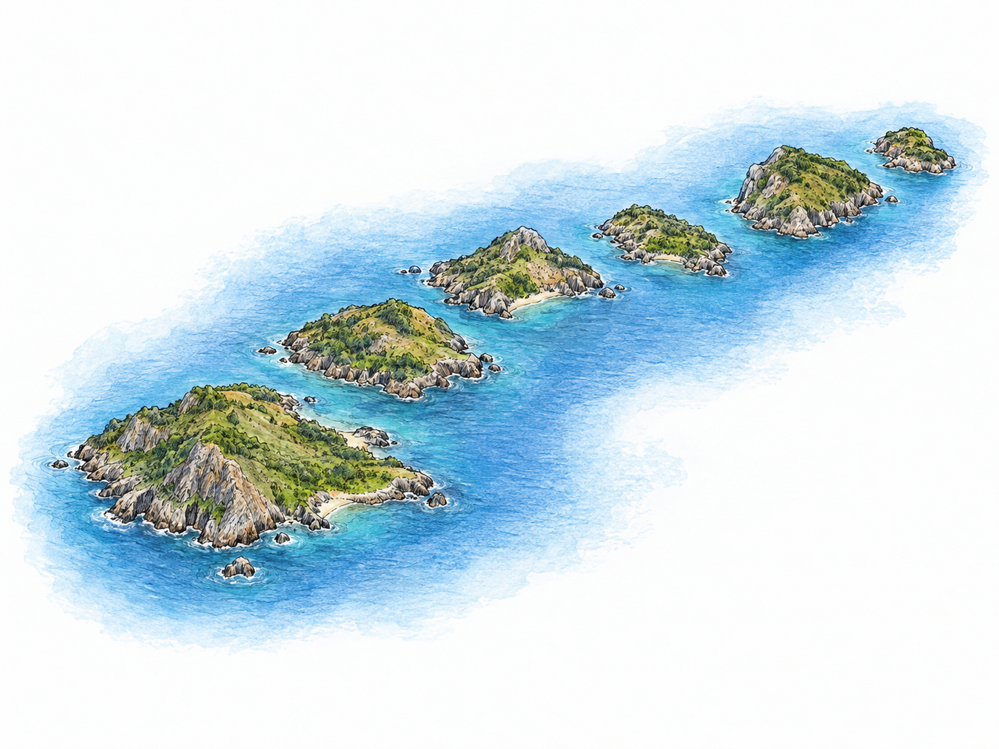 An elevated oblique view of a chain of distinct rocky green islands, each fully separated by visible seawater, forming one coherent island group.