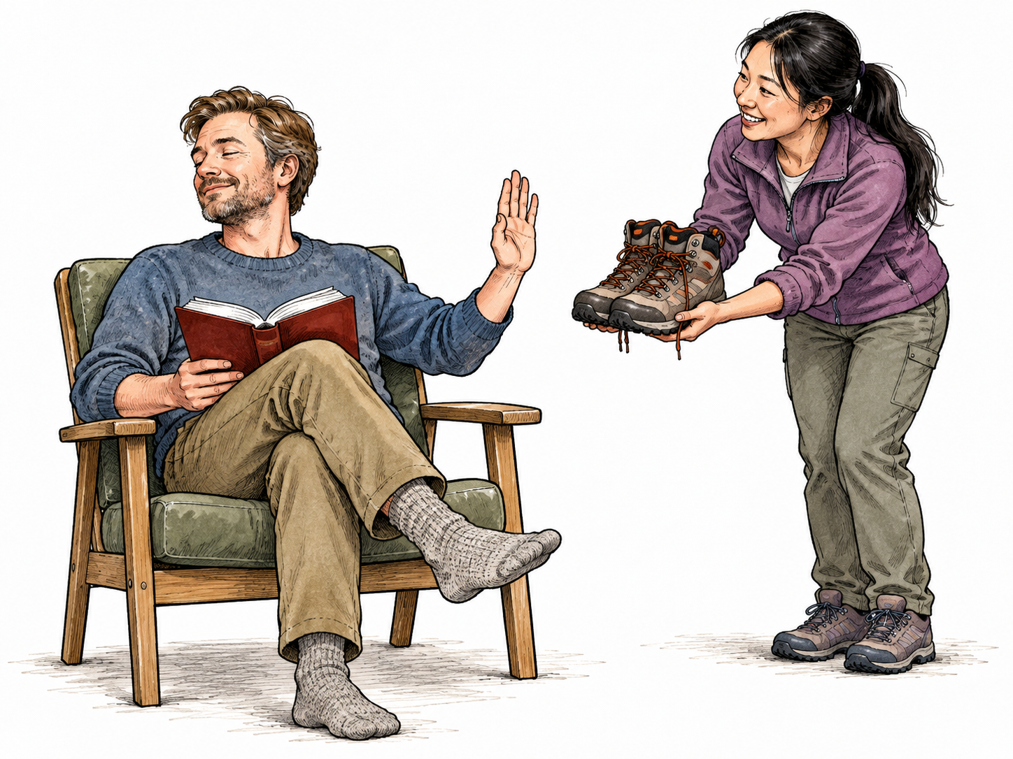 An adult turns away gently from an offered pair of hiking boots while choosing to remain with a book, showing lack of desire without fear or hostility.