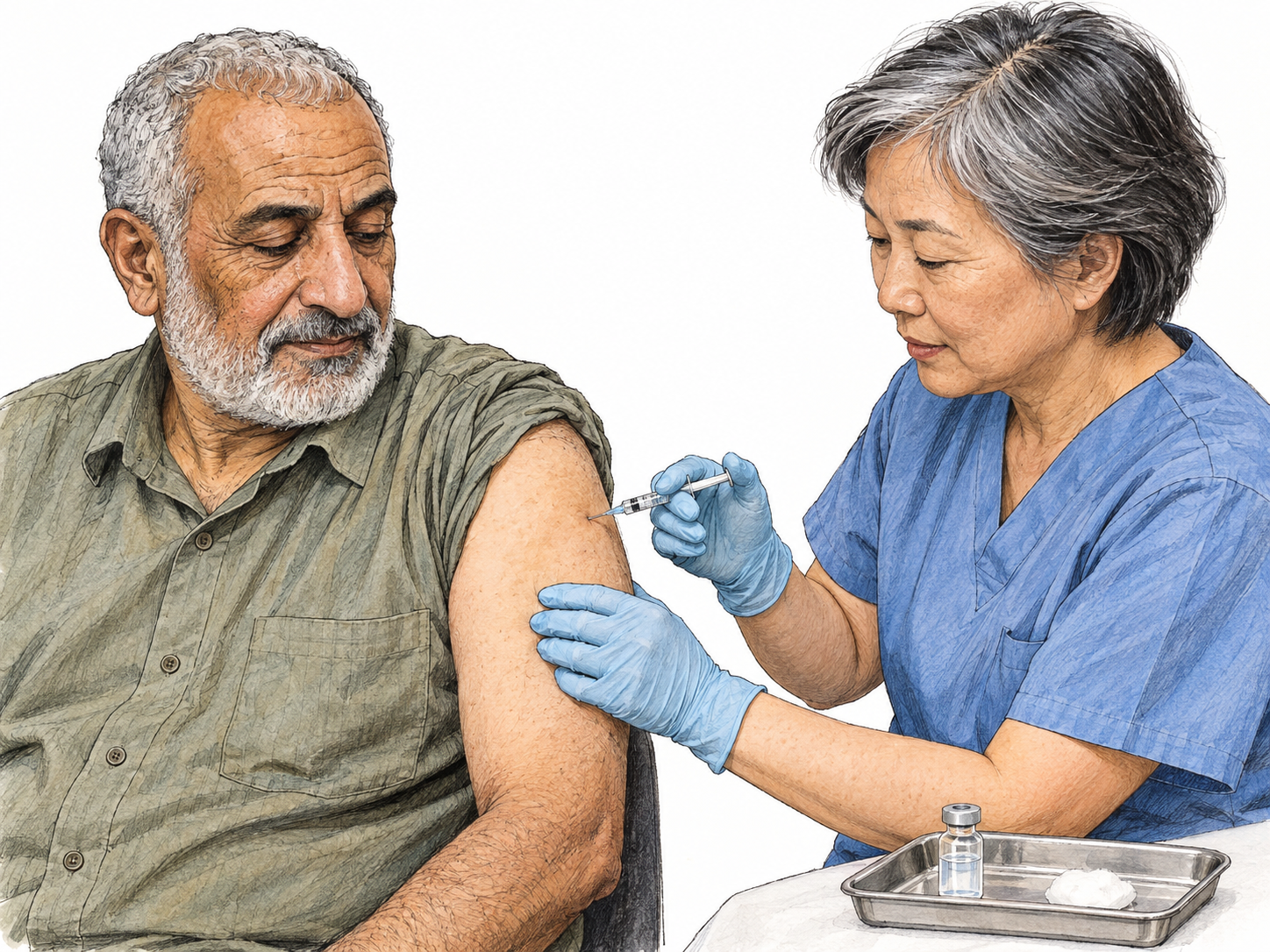 An older man receives a vaccine injection in his exposed upper arm from an older female clinician, shown in a tight, uncluttered clinical vignette.