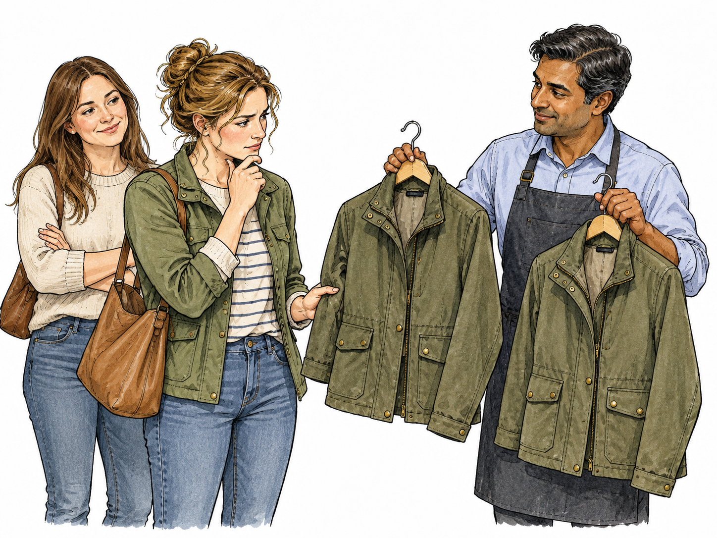 A casually dressed adult hesitates between two nearly identical jackets offered by a shop assistant, hands indecisively shifting between choices and companion waiting, no signs or text.