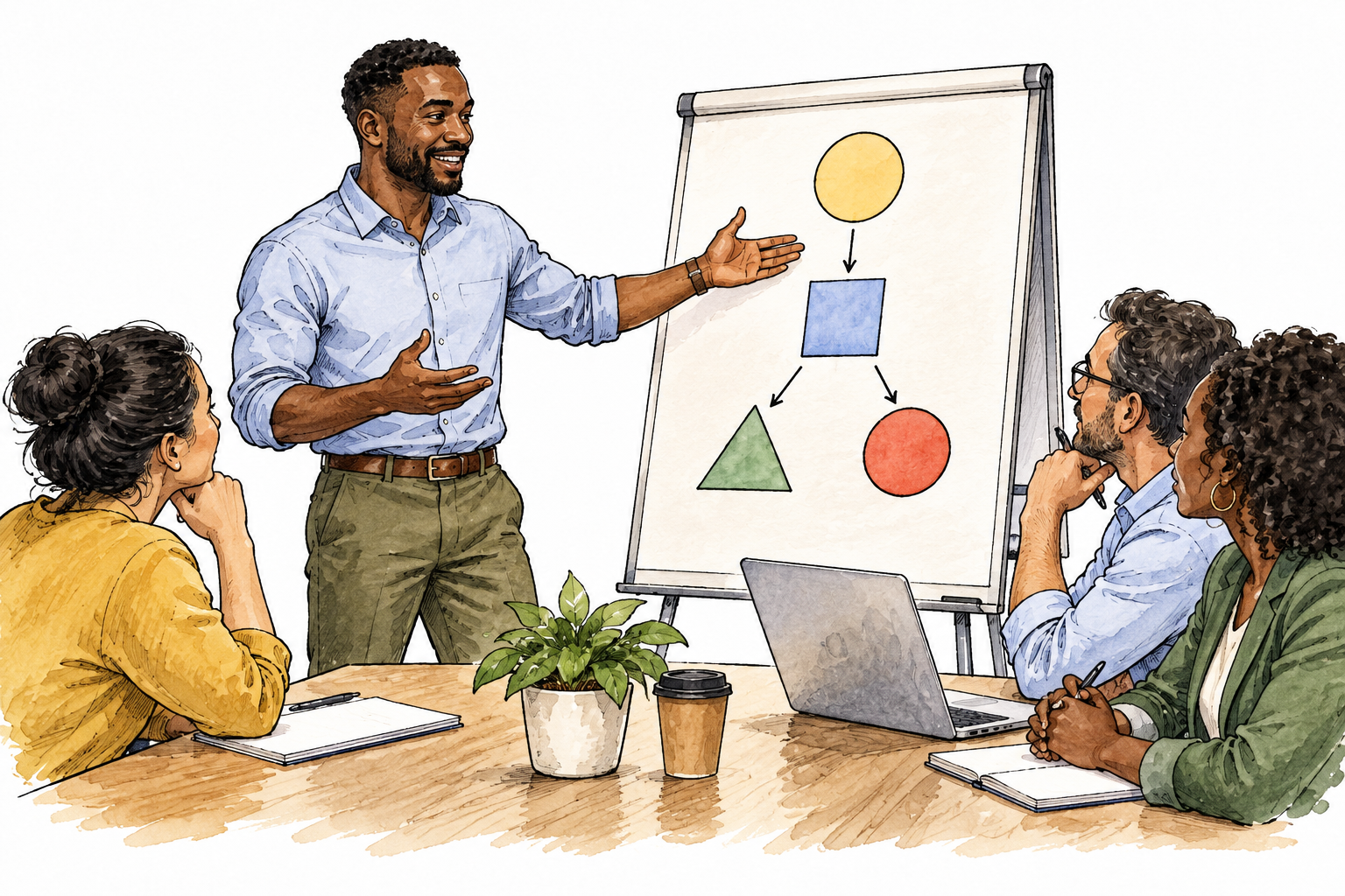 Confident Black adult presenter explains a clear simple geometric plan to attentive colleagues, organized expressive gestures, no words on plan or background.