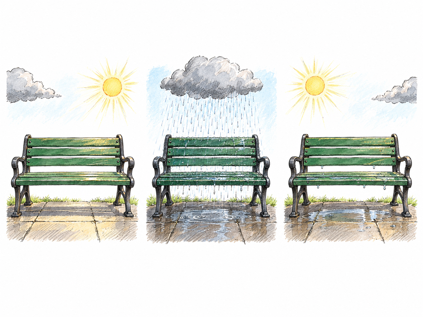 A compact three-panel sequence shows a passing rain shower: the same empty park bench is sunlit, briefly under a small rain cloud, then sunlit again with a fresh puddle remaining.