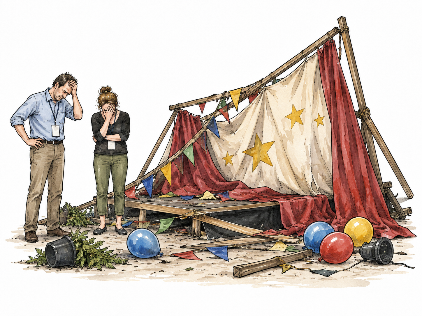 A collapsed amateur stage backdrop and tangled decorations leave embarrassed adult organizers surveying a failed event, nobody hurt.