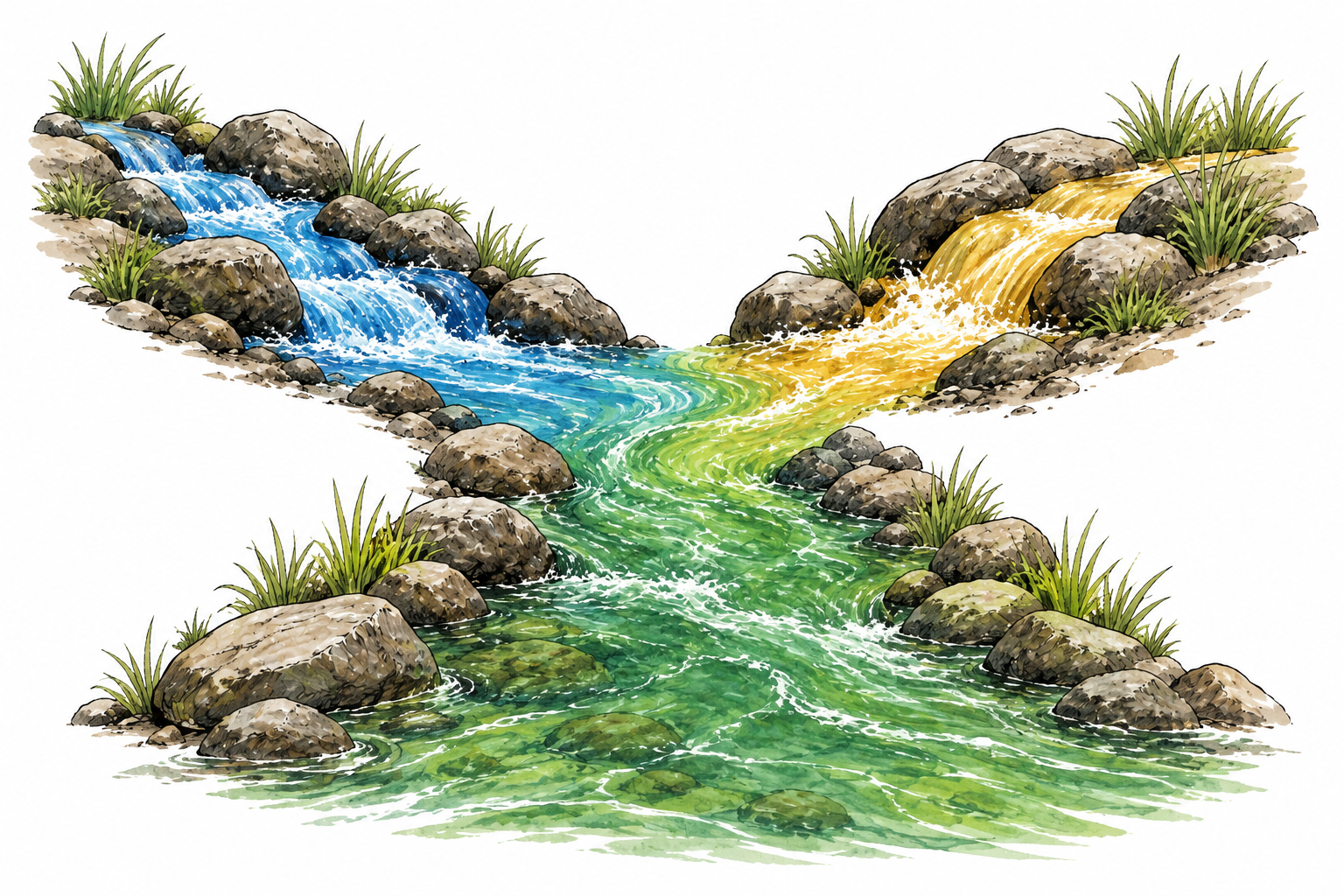Two streams of blue and yellow colored water join into one green flowing stream in a channel.