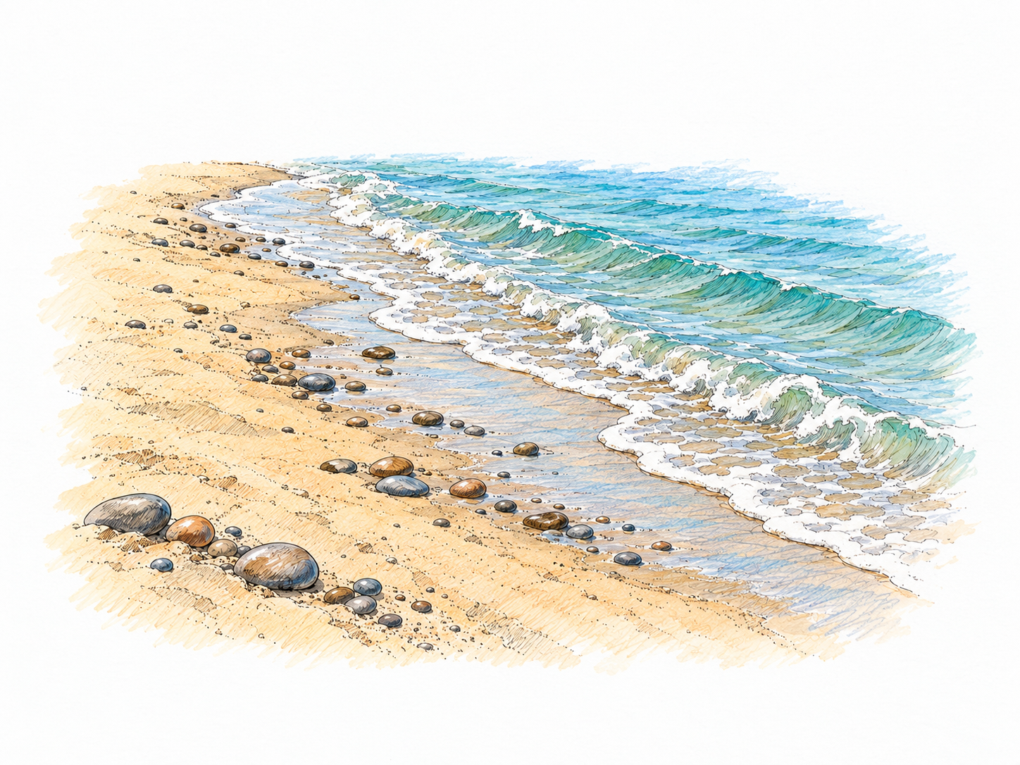 A gently curving sandy beach with a small scatter of water-worn pebbles where shallow ocean waves meet the shore.