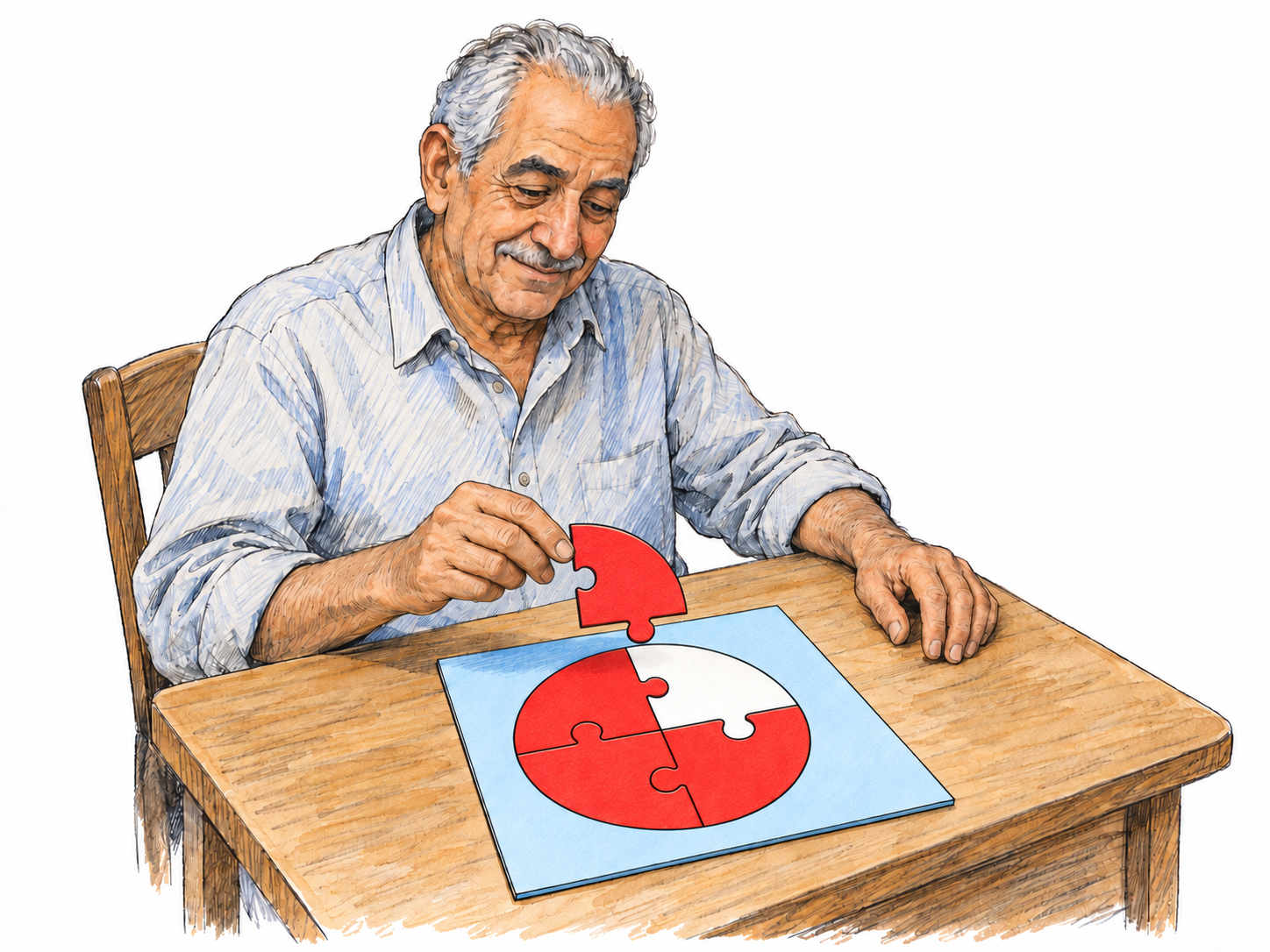 A relaxed older man completes a very simple four-piece puzzle, casually fitting the final large piece into its unmistakably matching opening.