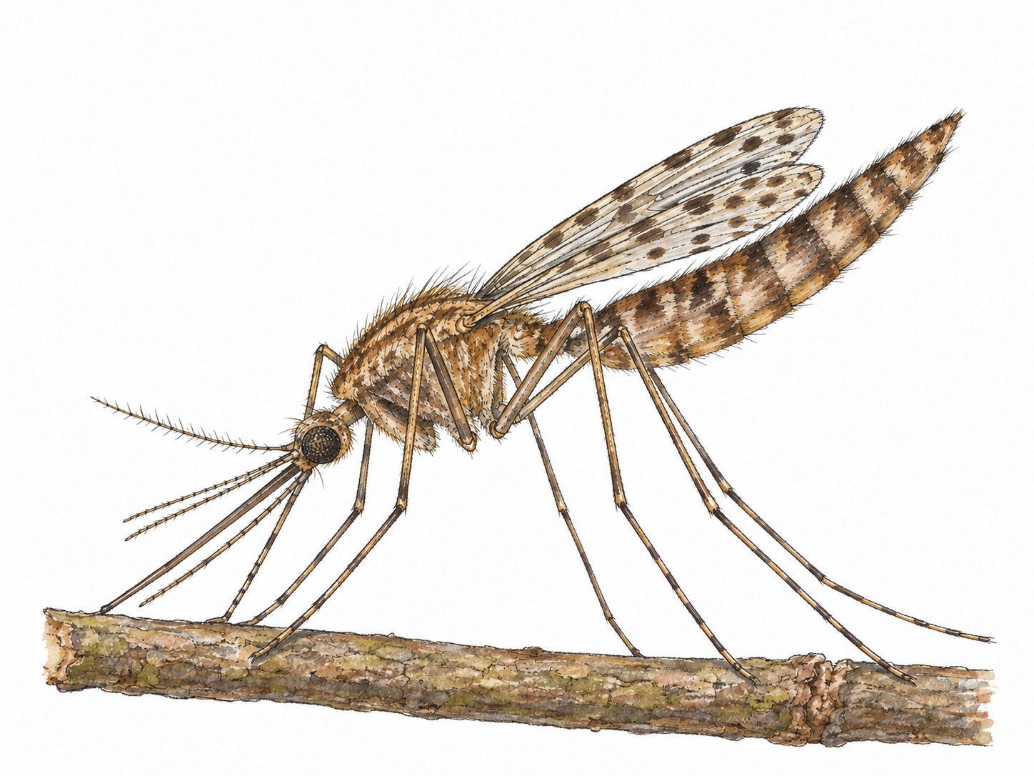 An enlarged female Anopheles mosquito resting on a plain twig, showing its characteristic abdomen-up resting angle, long palps and spotted wings.