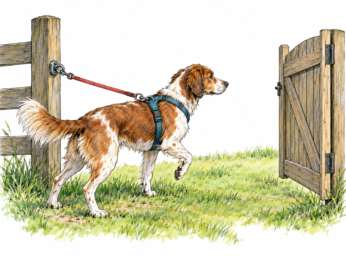 A dog’s taut tether stops it from passing through an open garden gate, making the physical restraint—not the gate—the obstacle to freedom.