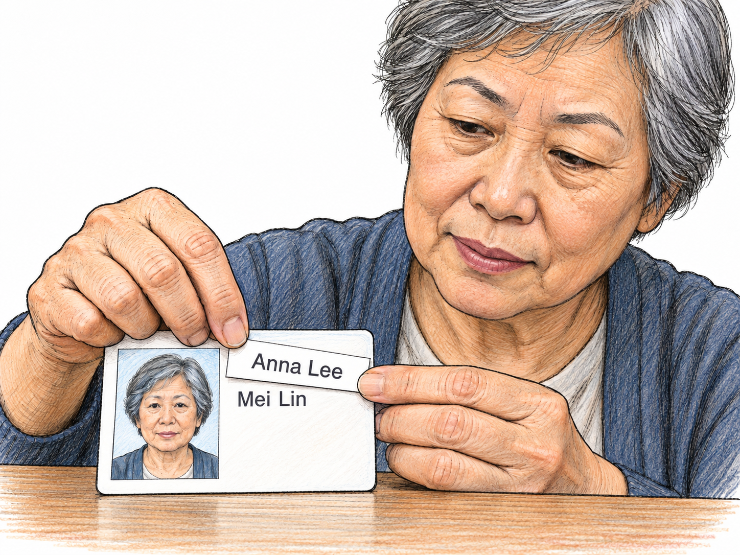 An older woman slides a replacement name strip onto her photo identification card, covering its original name while leaving her matching portrait visible.