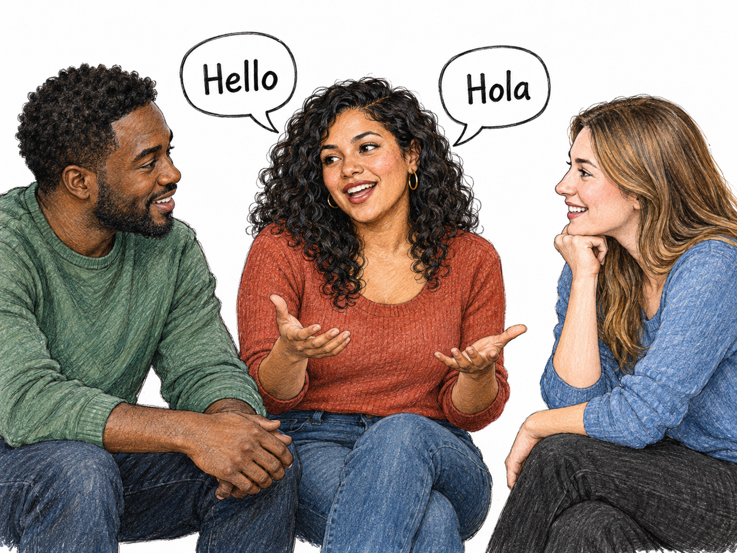 One confident bilingual adult speaks to two conversation partners, turning naturally between them.