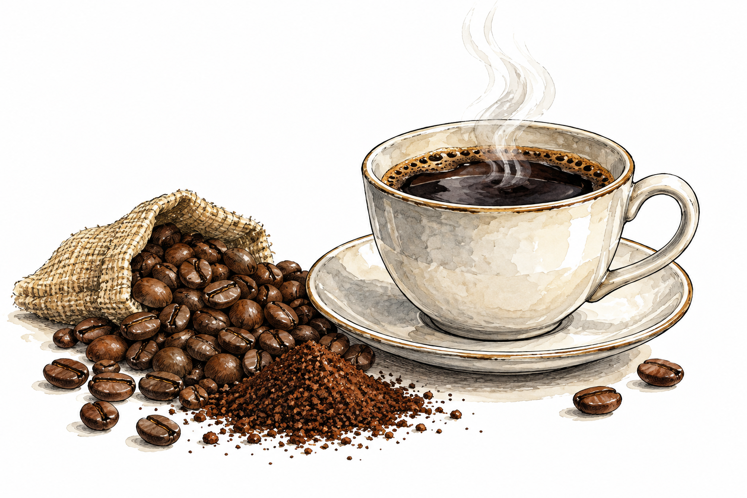 A steaming cup of dark coffee beside roasted beans and a small pile of grounds, object only.