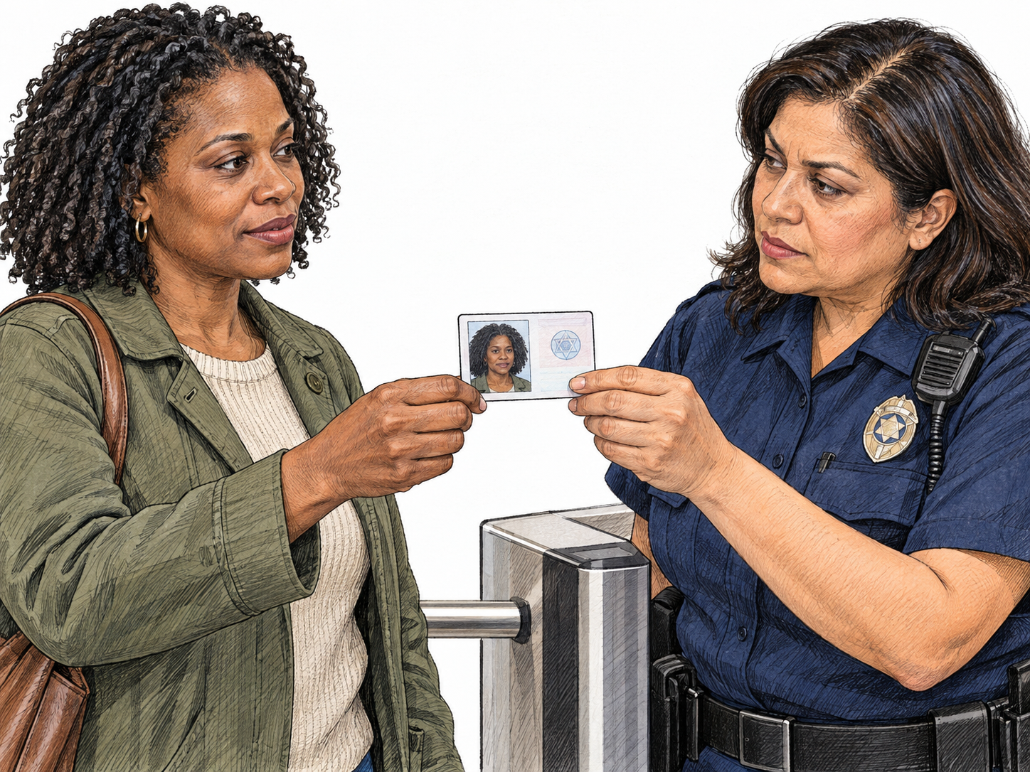 At a controlled entrance, a visitor presents a photo identification card while a security officer compares its portrait with her face.