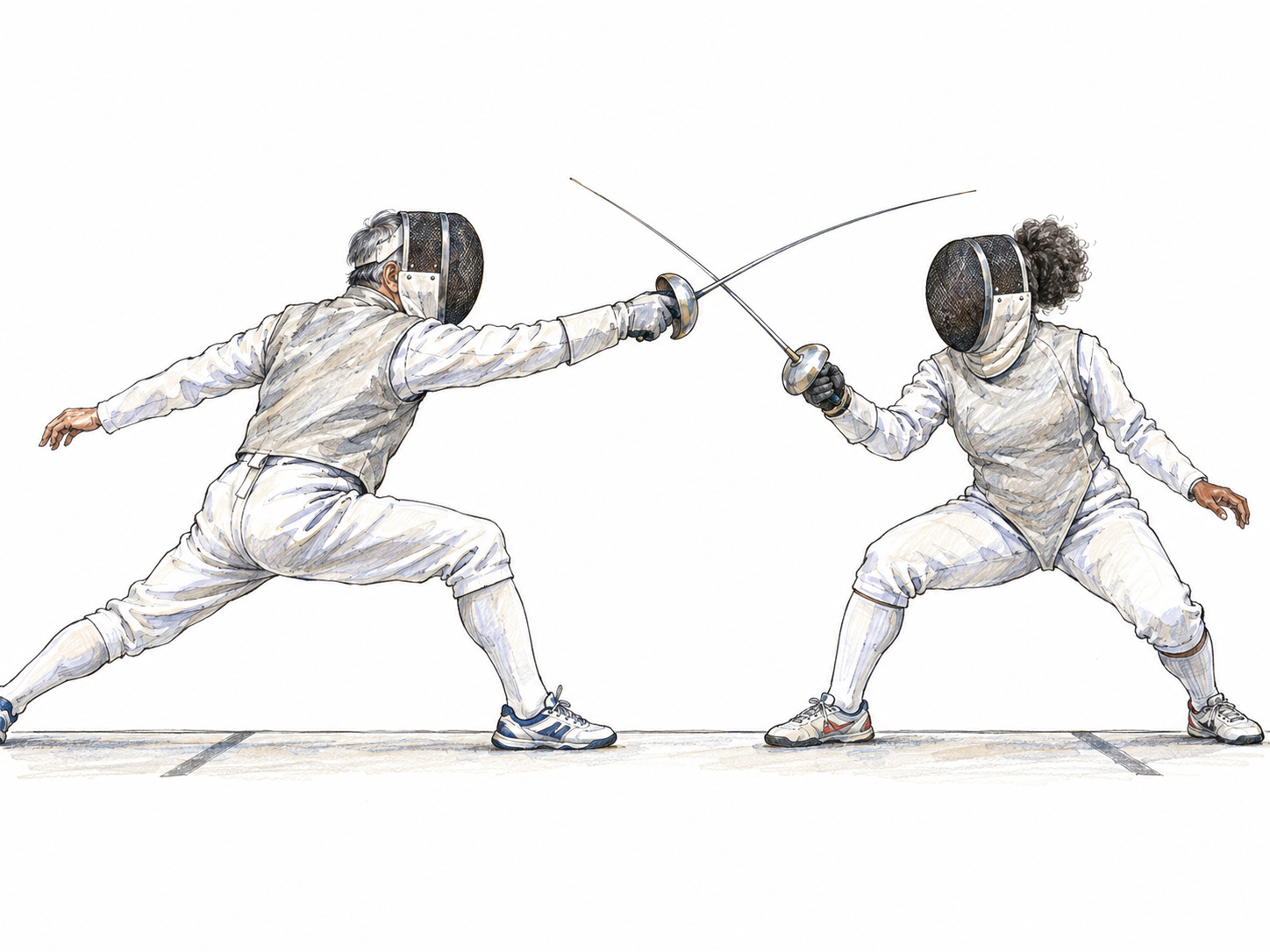 Two older adult fencing opponents actively clash blades, one lunging while the other parries, making their physical combat visible.