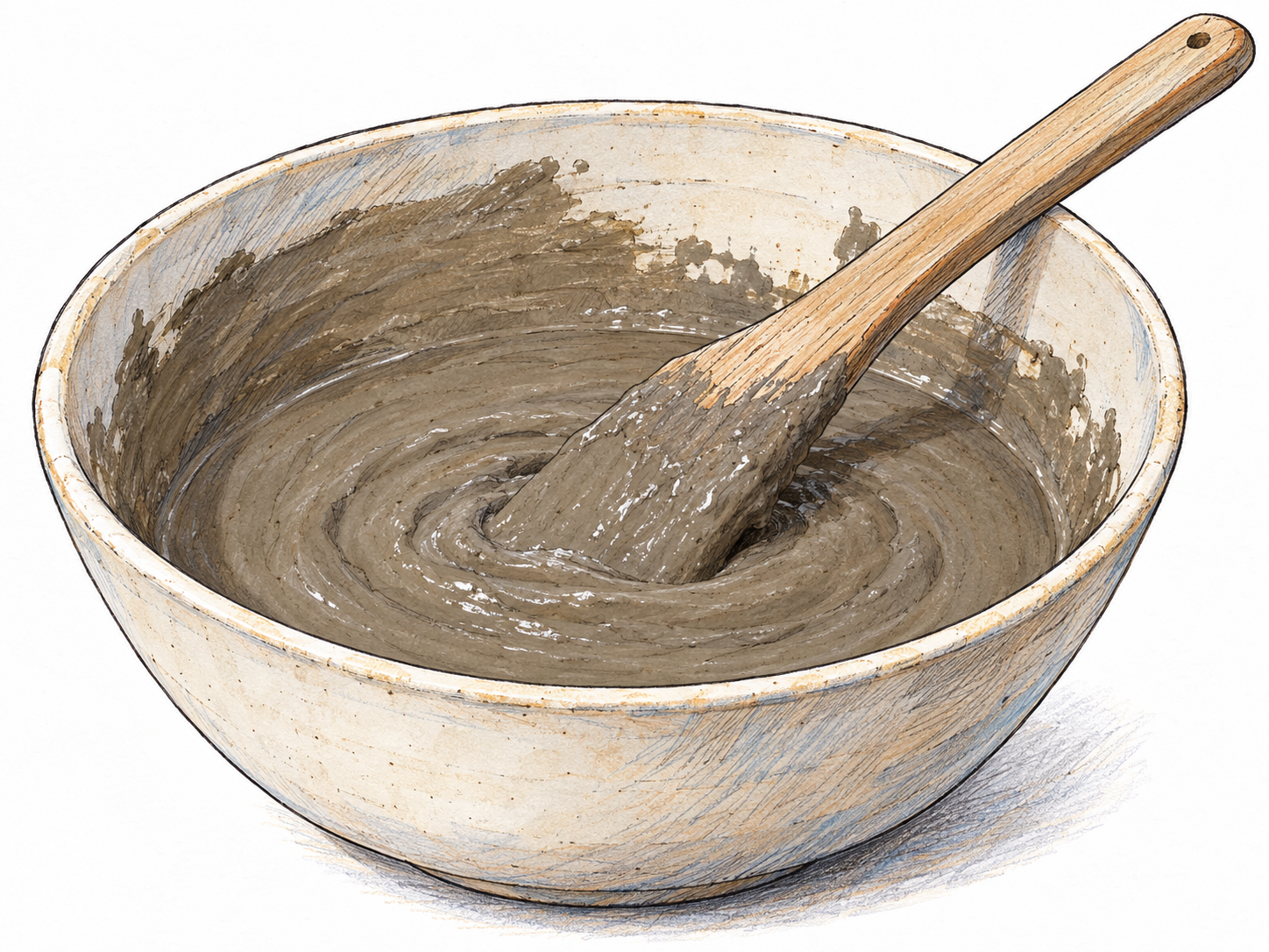 A shallow bowl of thick gray-brown clay-and-water slurry, with a wooden stirring paddle resting across the rim and coated in the mixture.