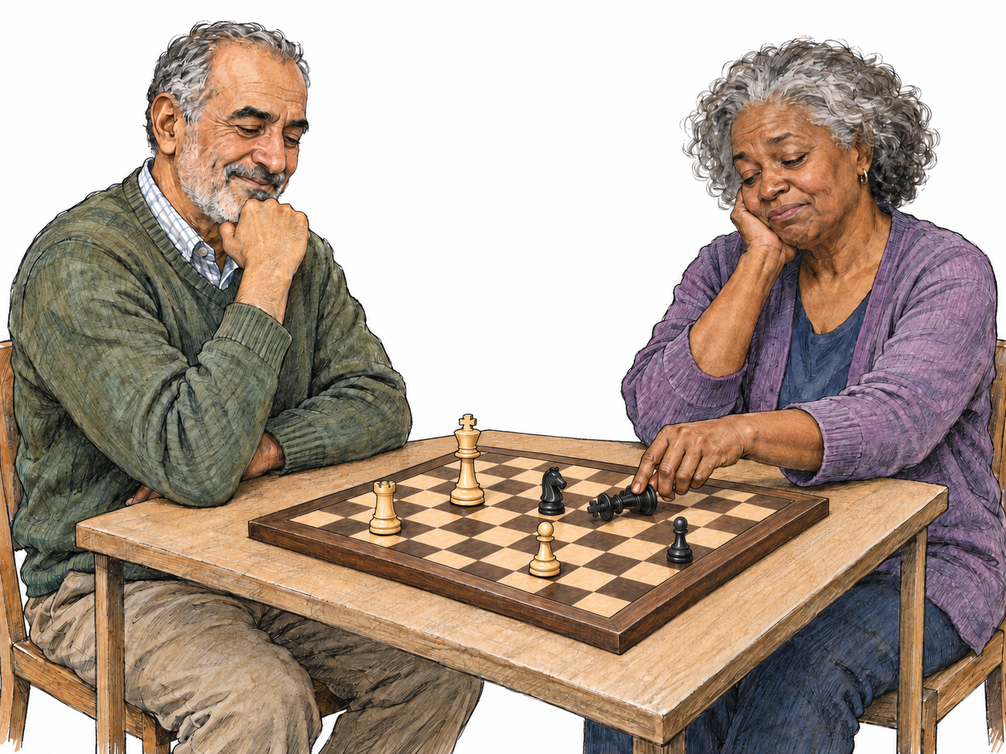 An older man bests an older woman at chess: she tips her king onto its side in resignation while he sits opposite with a restrained, satisfied smile.