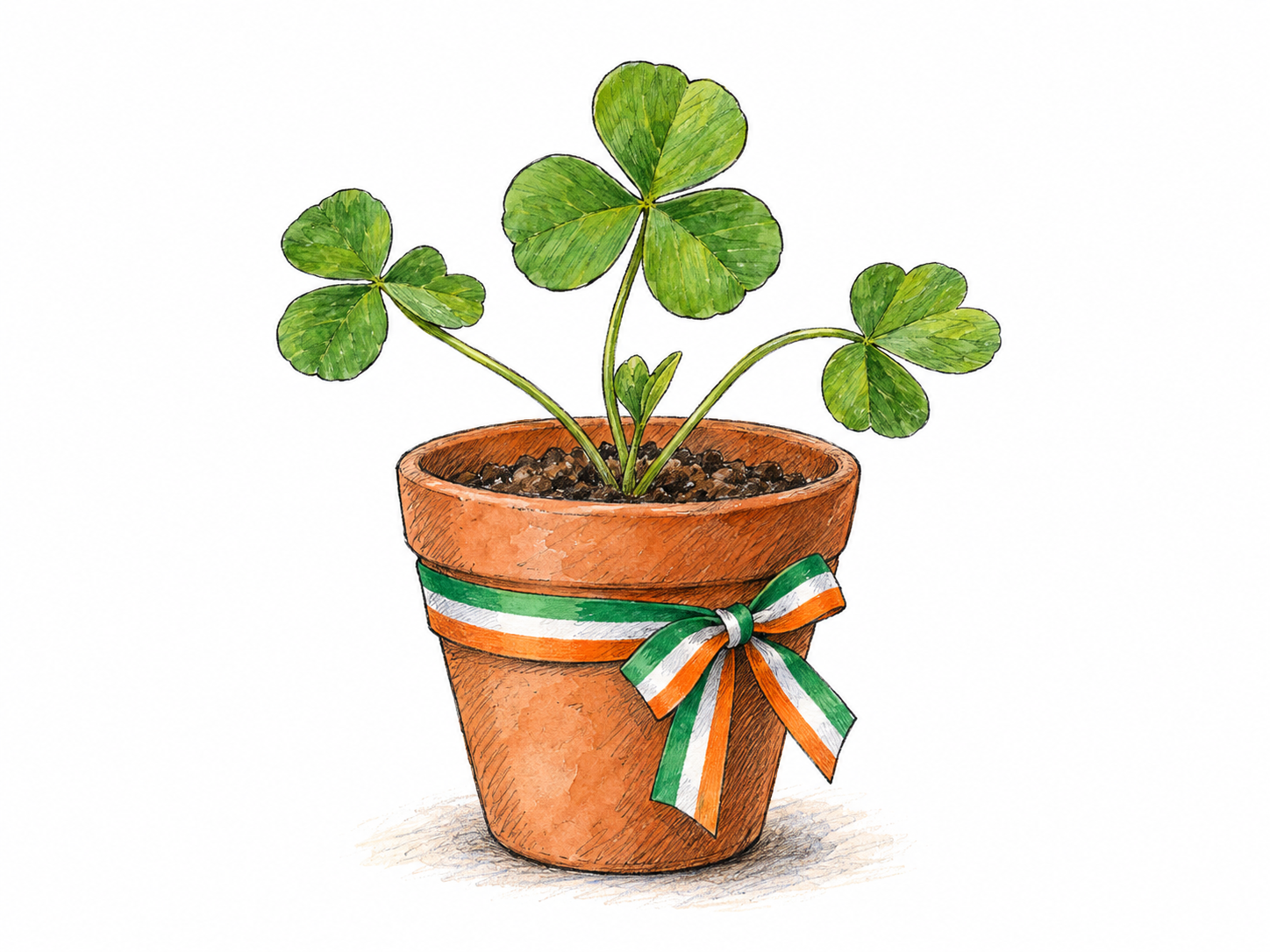 A small living clover plant with unmistakable three-leaflet leaves, its pot tied with a modest Irish tricolor ribbon.