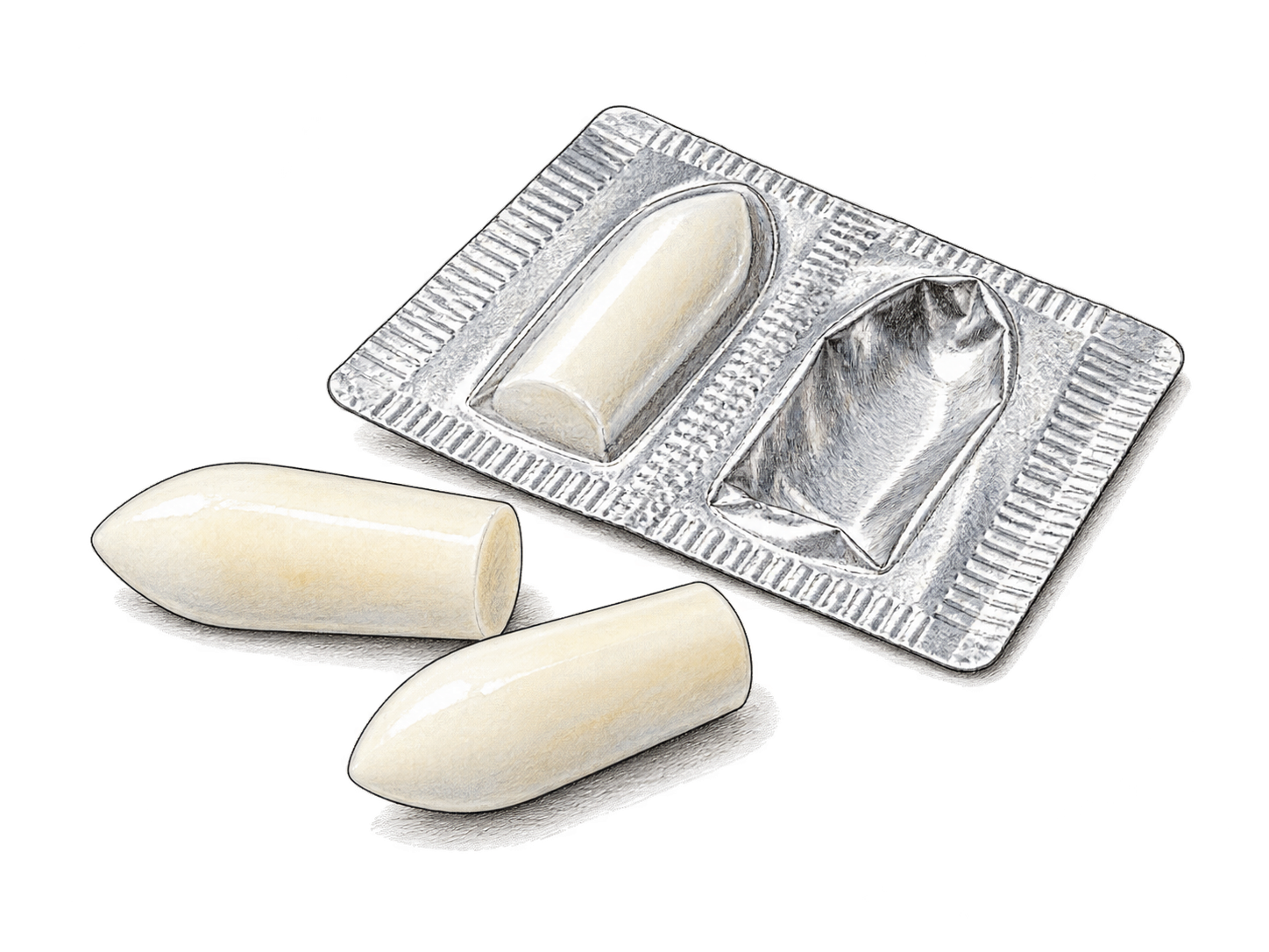 Two unwrapped smooth torpedo-shaped suppository medicines beside plain foil blister with one empty cavity; clinical neutral product study, no body, insertion, branding or writing.