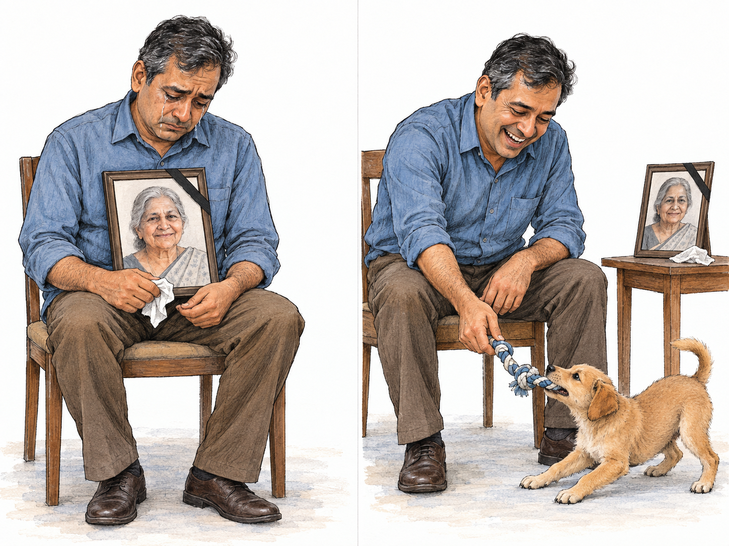 A puppy becomes nepenthe for a grieving man: a compact two-moment sequence contrasts sorrowful attention to a memorial photograph with complete absorption in playful companionship.